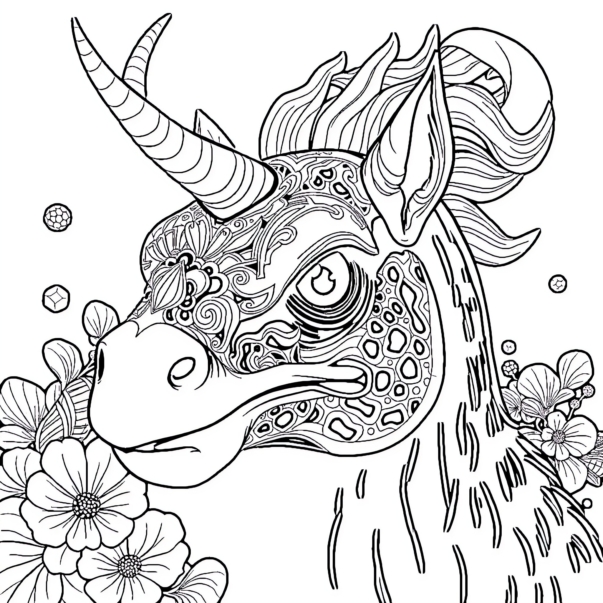 Oni Mask - Fantastical Unicorn with Floral Accents Coloring Page (free black-and-white line drawing printable PDF for all, from beginners to advanced learners, including children, teens, adults, and seniors)