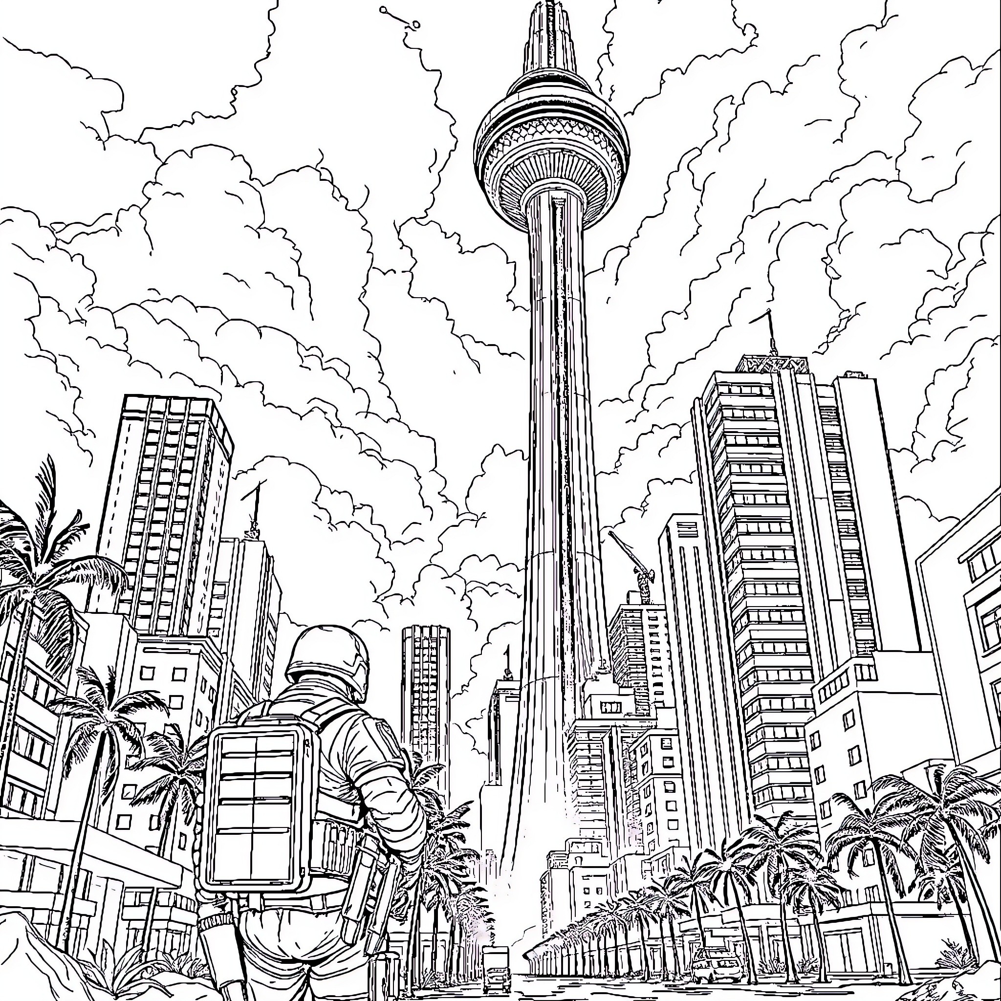 ODST in Futuristic City Skyline Coloring Page (free black-and-white line drawing printable PDF for all, from beginners to advanced learners, including children, teens, adults, and seniors)