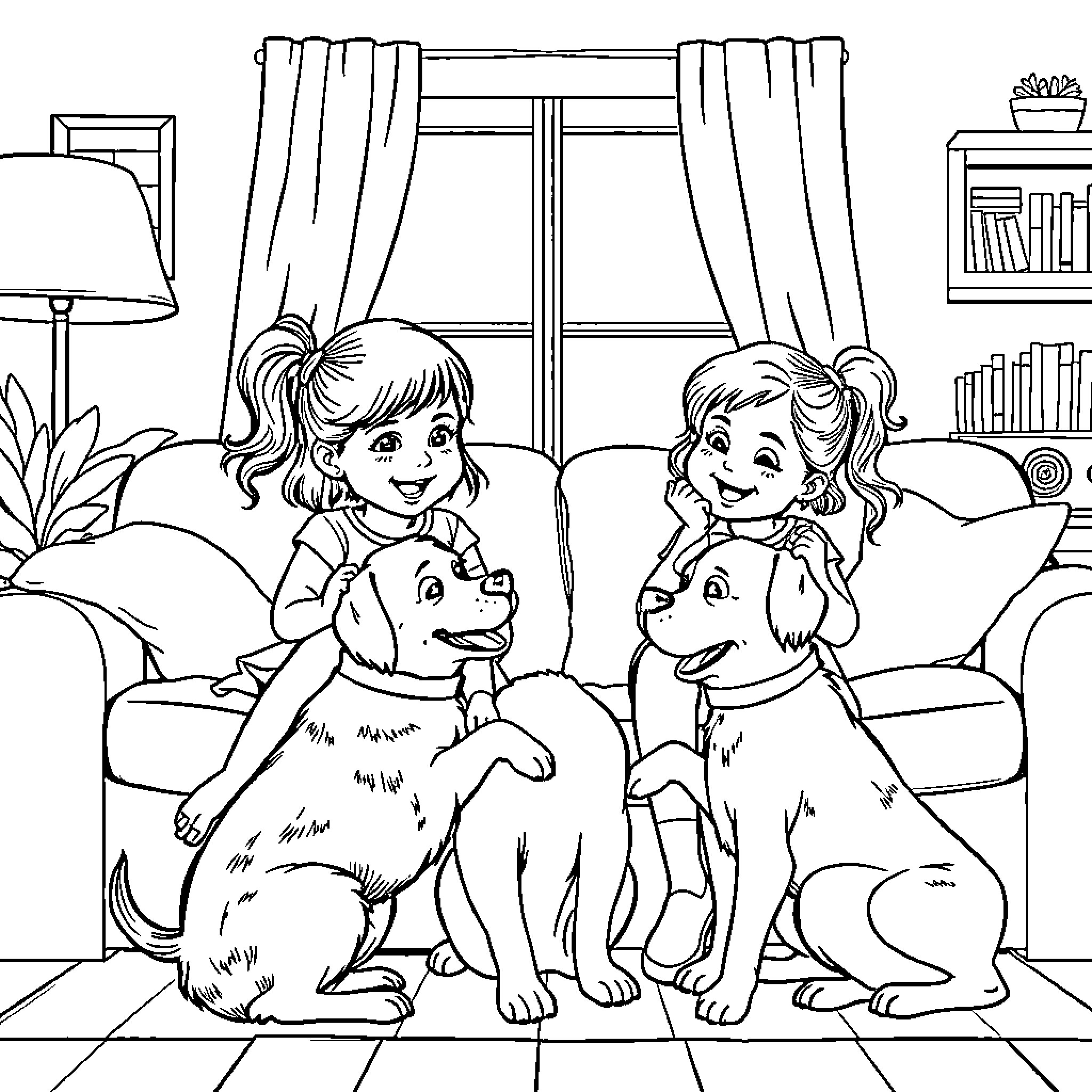 Girls playing with puppies in the living room Coloring Page (free black-and-white line drawing printable PDF for all, from beginners to advanced learners, including children, teens, adults, and seniors)