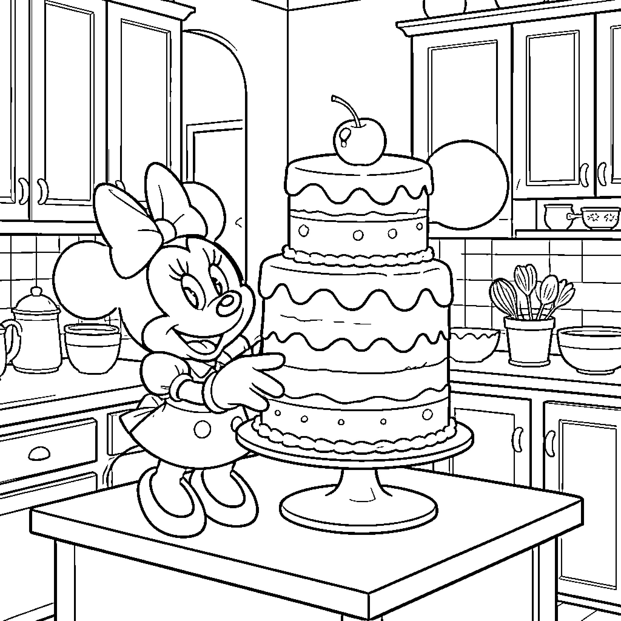Minnie Mouse baking a festive cake in the kitchen Coloring Page (free black-and-white line drawing printable PDF for all, from beginners to advanced learners, including children, teens, adults, and seniors)