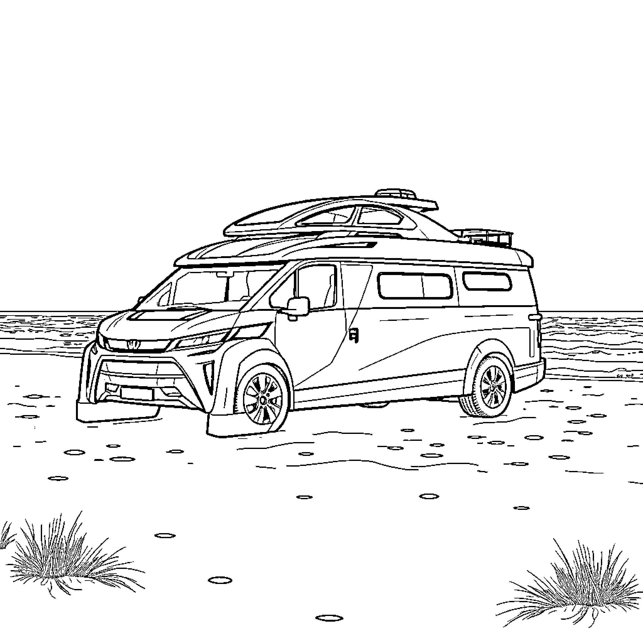ROVR Outdoor Adventure Van Exploring the Wilderness Coloring Page (free black-and-white line drawing printable PDF for all, from beginners to advanced learners, including children, teens, adults, and seniors)