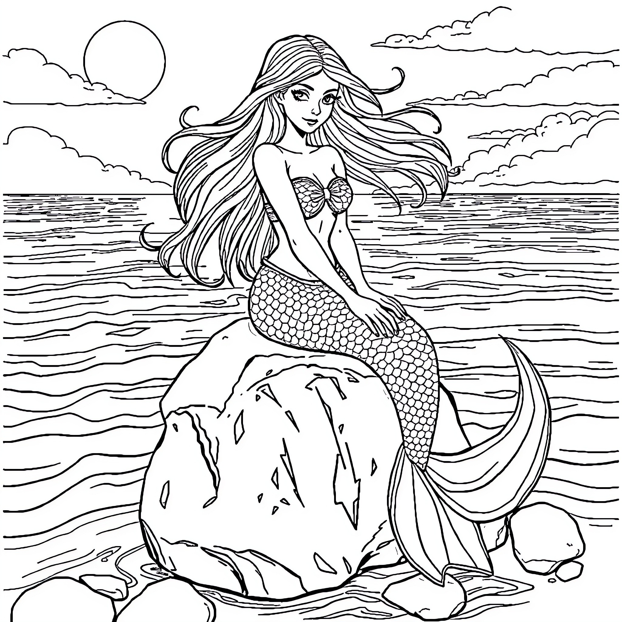 Mermaid gazing at the ocean under the moonlight Coloring Page (free black-and-white line drawing printable PDF for all, from beginners to advanced learners, including children, teens, adults, and seniors)