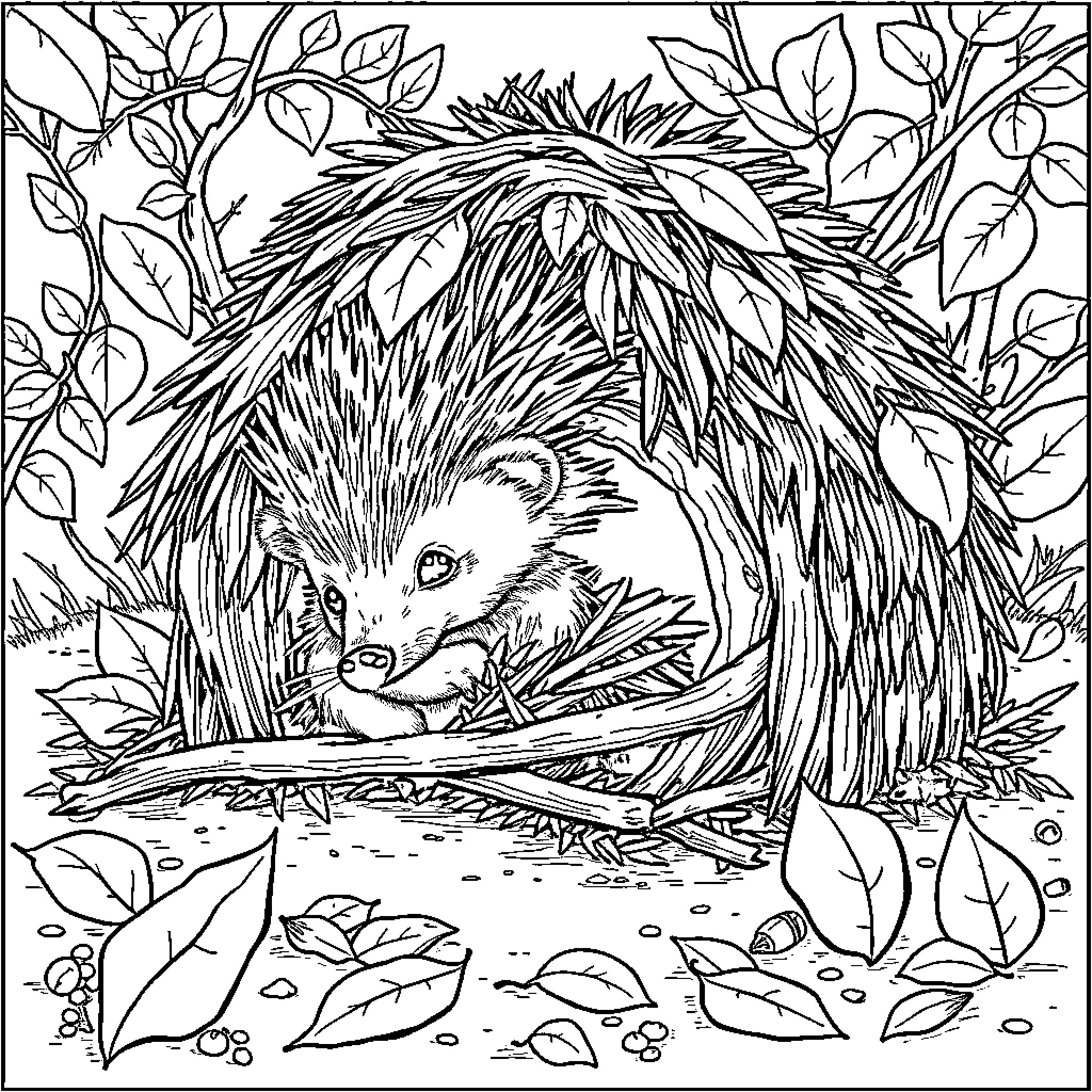 Hedgehog nestled in a cozy home Coloring Page (free black-and-white line drawing printable PDF for all, from beginners to advanced learners, including children, teens, adults, and seniors)