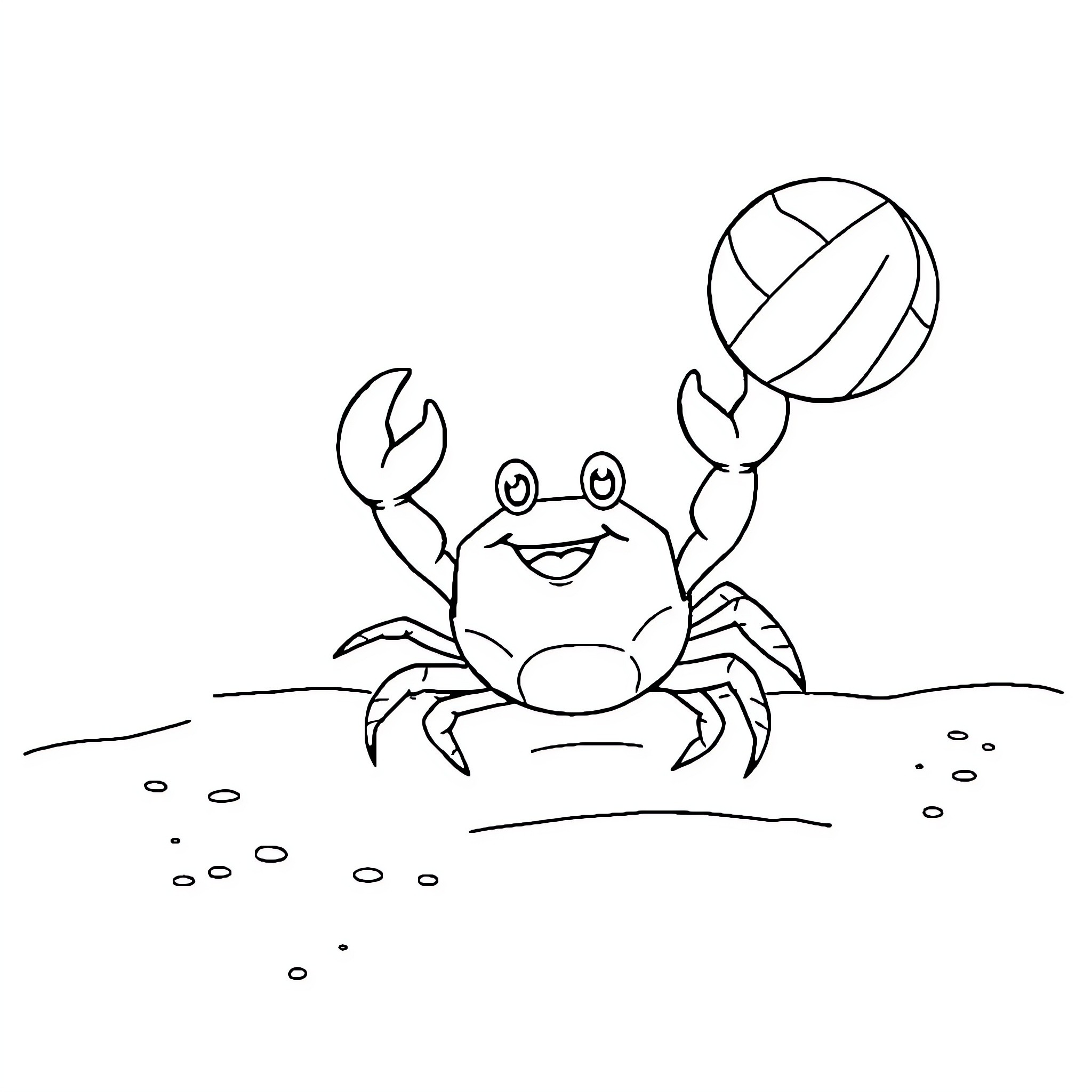 Crab playing with volleyball on the beach Coloring Page (free black-and-white line drawing printable PDF for all, from beginners to advanced learners, including children, teens, adults, and seniors)