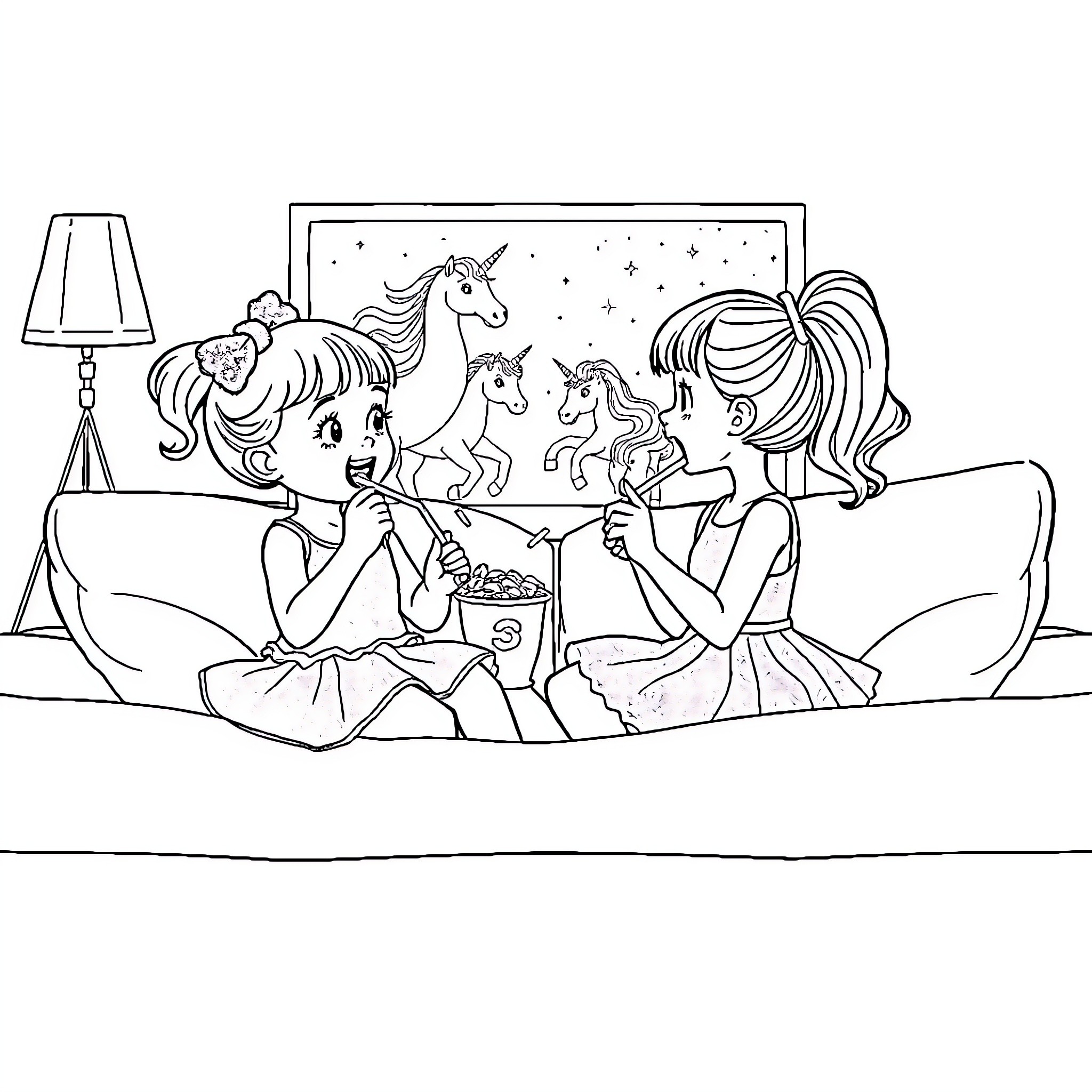 Girls playing with unicorns in bedroom Coloring Page (free black-and-white line drawing printable PDF for all, from beginners to advanced learners, including children, teens, adults, and seniors)