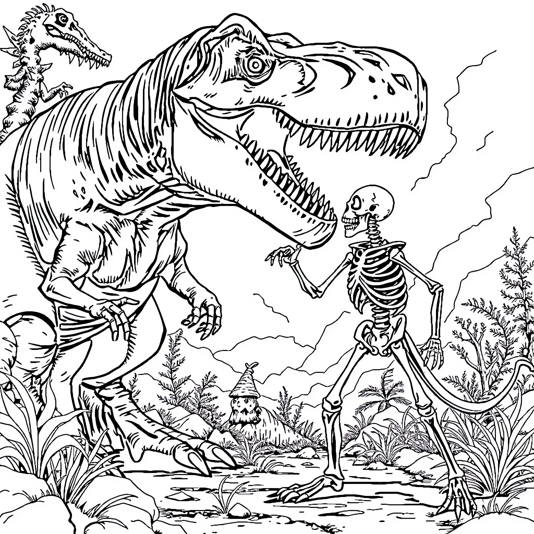 T-Rex chasing a skeleton in prehistoric scene Coloring Page (free black-and-white line drawing printable PDF for all, from beginners to advanced learners, including children, teens, adults, and seniors)
