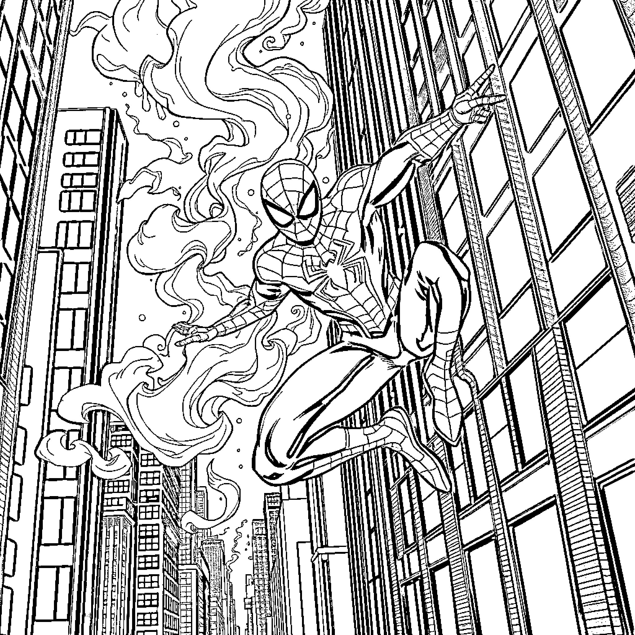 Spiderman Swinging Through the City Skyline Coloring Page (free black-and-white line drawing printable PDF for all, from beginners to advanced learners, including children, teens, adults, and seniors)