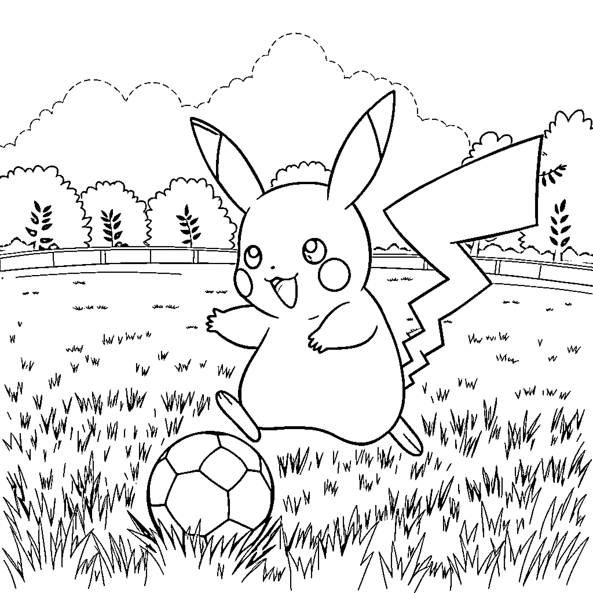 Pikachu playing with a soccer ball in the park Coloring Page (free black-and-white line drawing printable PDF for all, from beginners to advanced learners, including children, teens, adults, and seniors)
