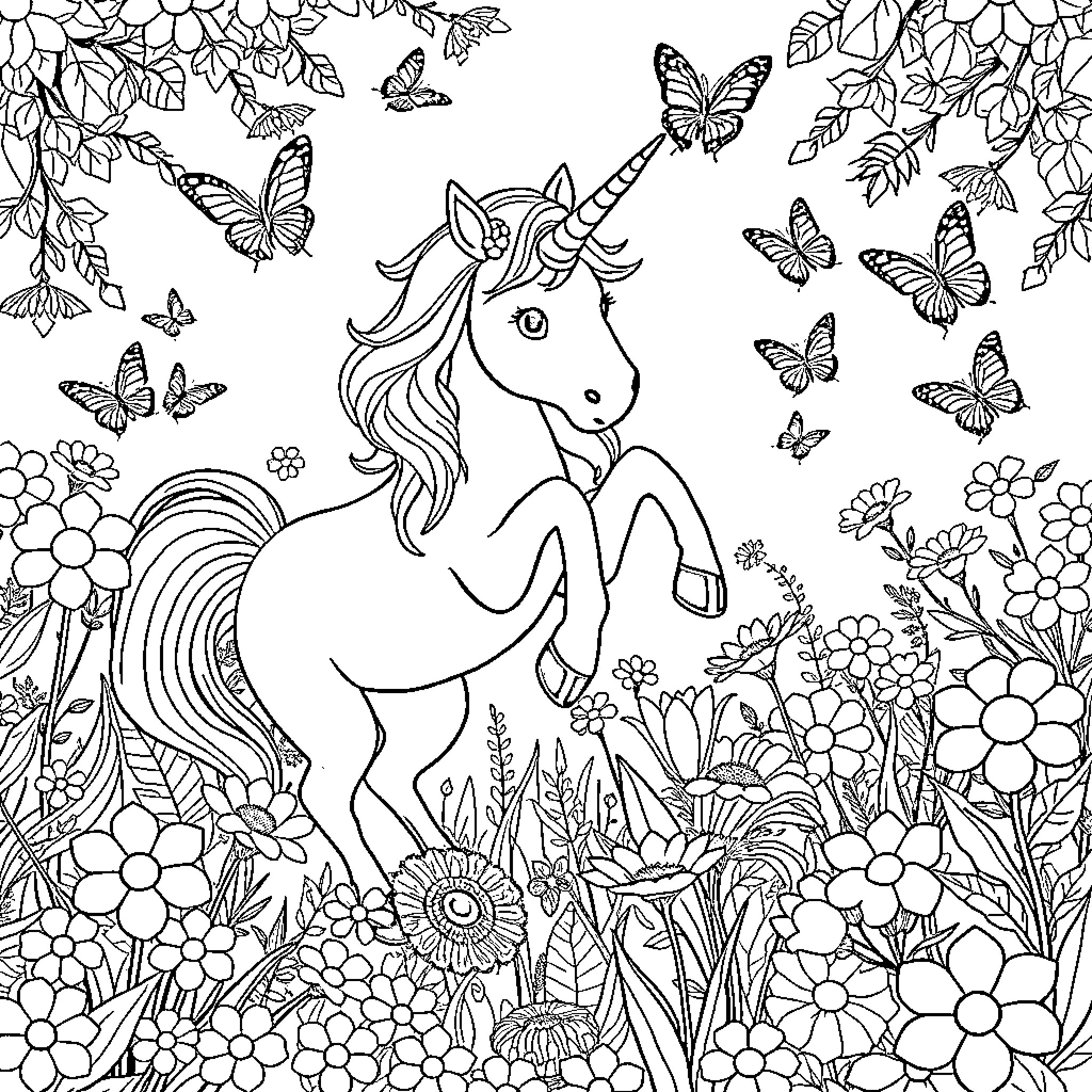 Unicorn standing amidst floral garden and butterflies Coloring Page (free black-and-white line drawing printable PDF for all, from beginners to advanced learners, including children, teens, adults, and seniors)