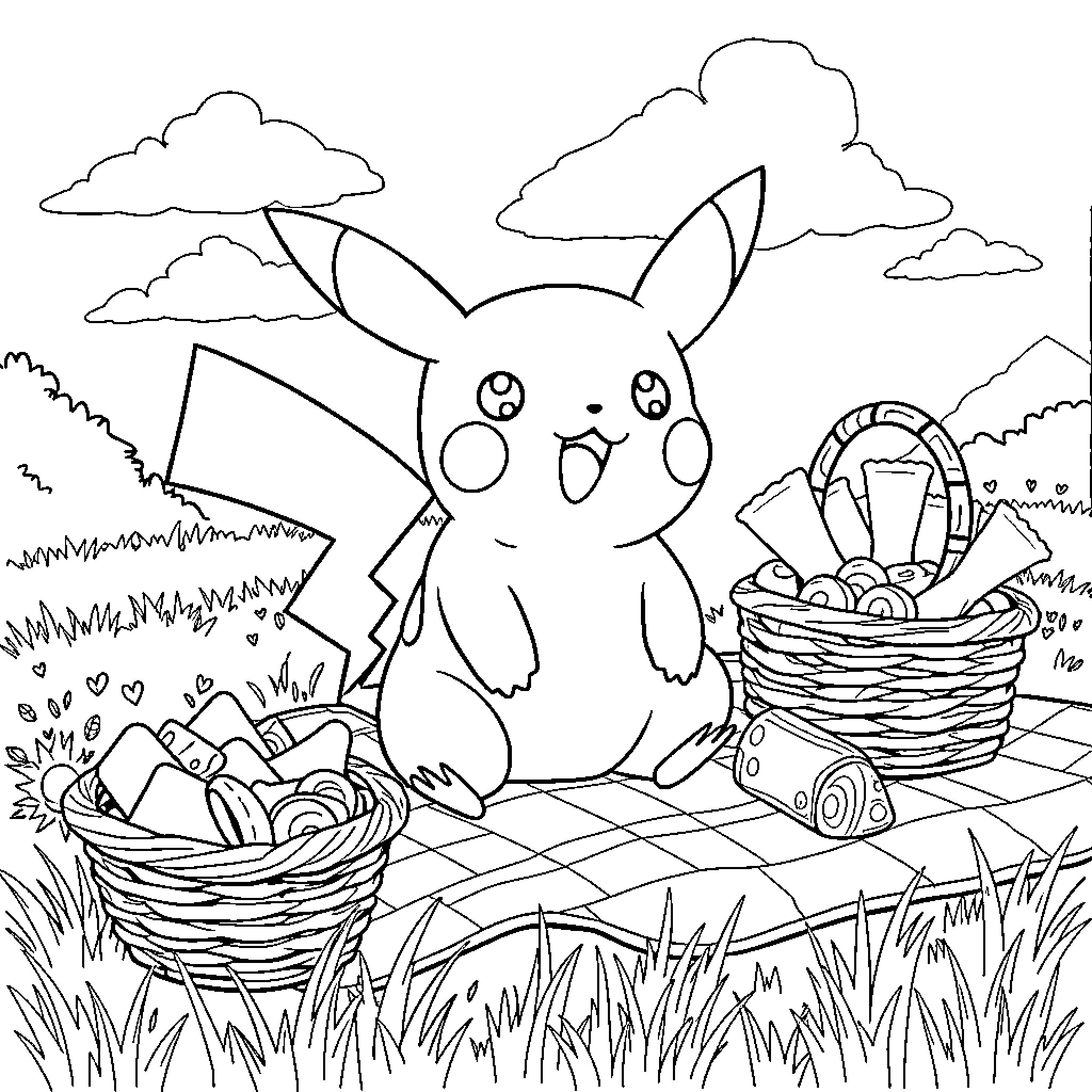Pikachu enjoying a picnic in the countryside Coloring Page (free black-and-white line drawing printable PDF for all, from beginners to advanced learners, including children, teens, adults, and seniors)