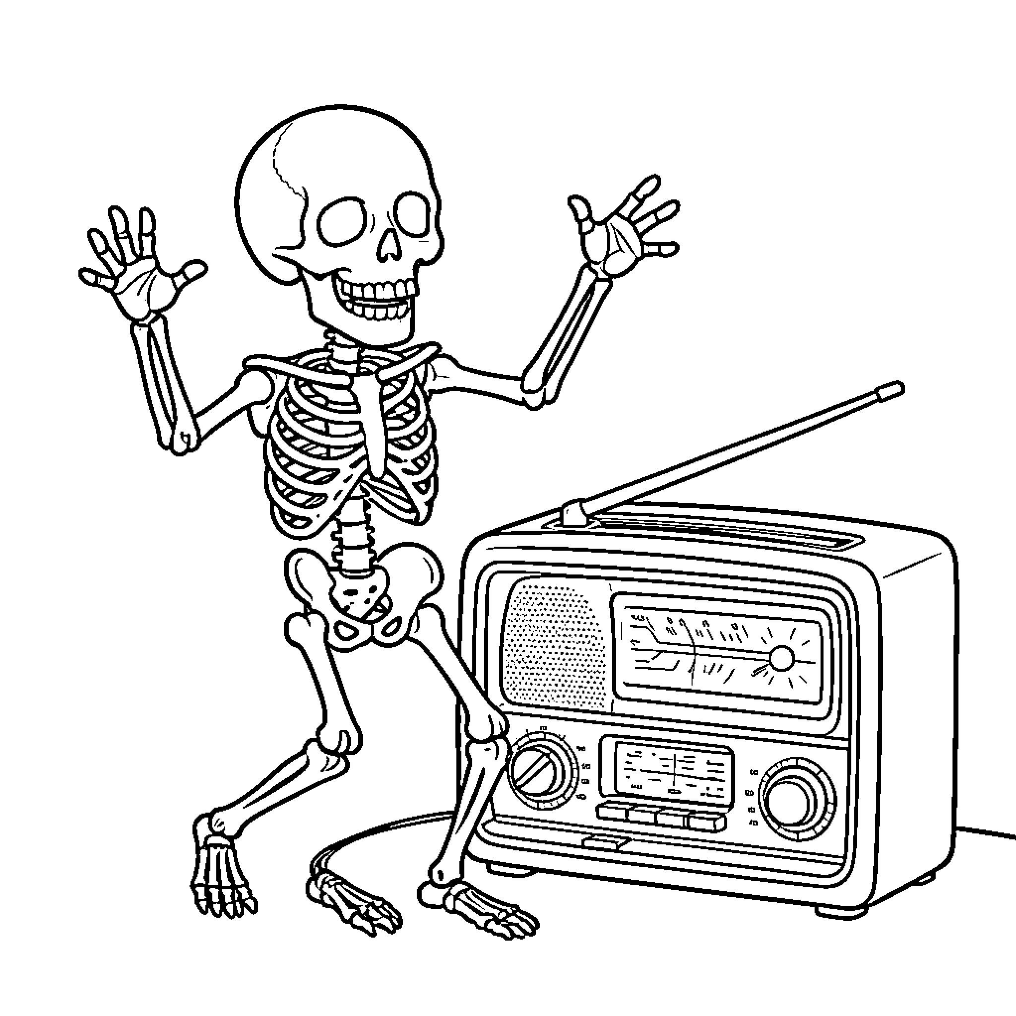 Skeleton dancing and listening to radio Coloring Page (free black-and-white line drawing printable PDF for all, from beginners to advanced learners, including children, teens, adults, and seniors)