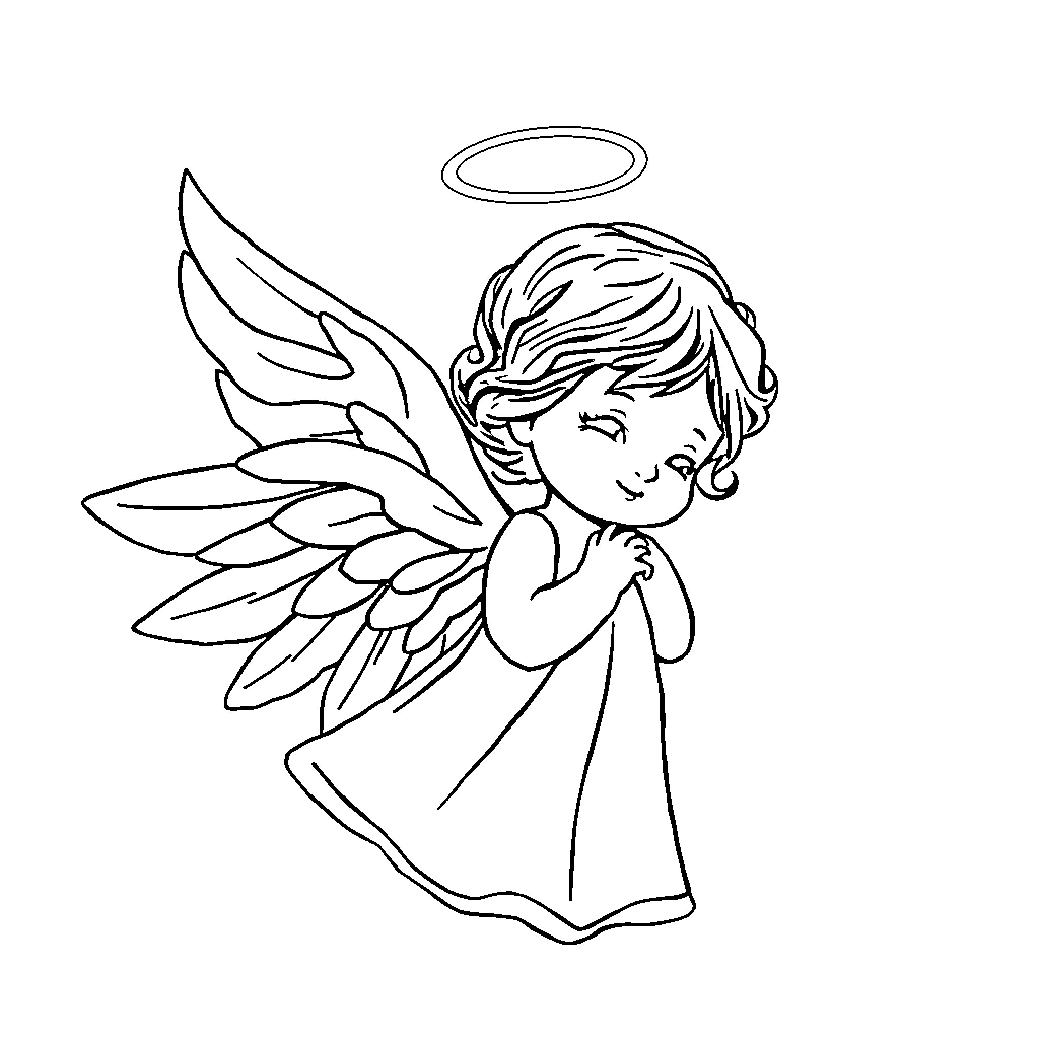 Angel watching over with compassion Coloring Page (free black-and-white line drawing printable PDF for all, from beginners to advanced learners, including children, teens, adults, and seniors)