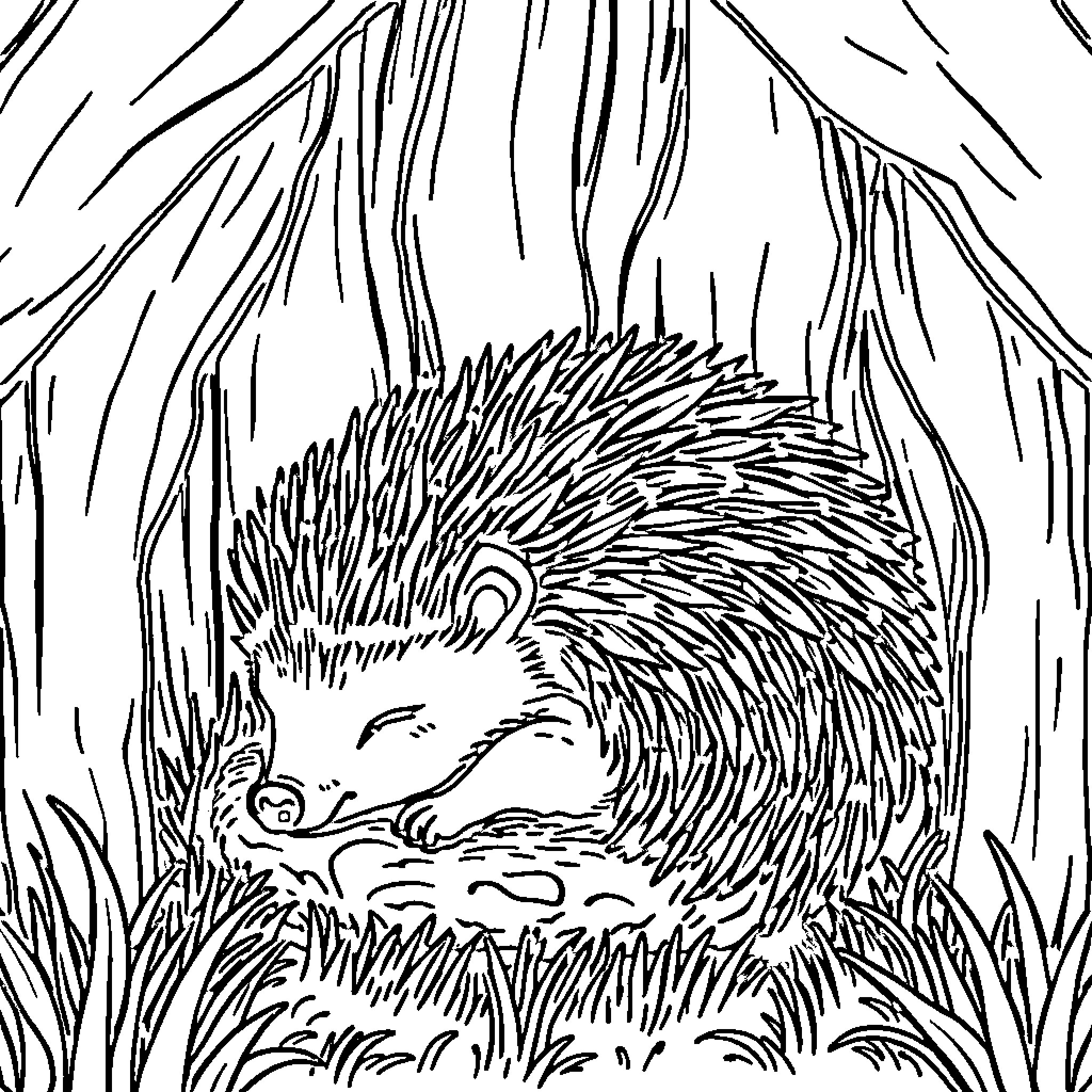 Hedgehog resting in the forest Coloring Page (free black-and-white line drawing printable PDF for all, from beginners to advanced learners, including children, teens, adults, and seniors)