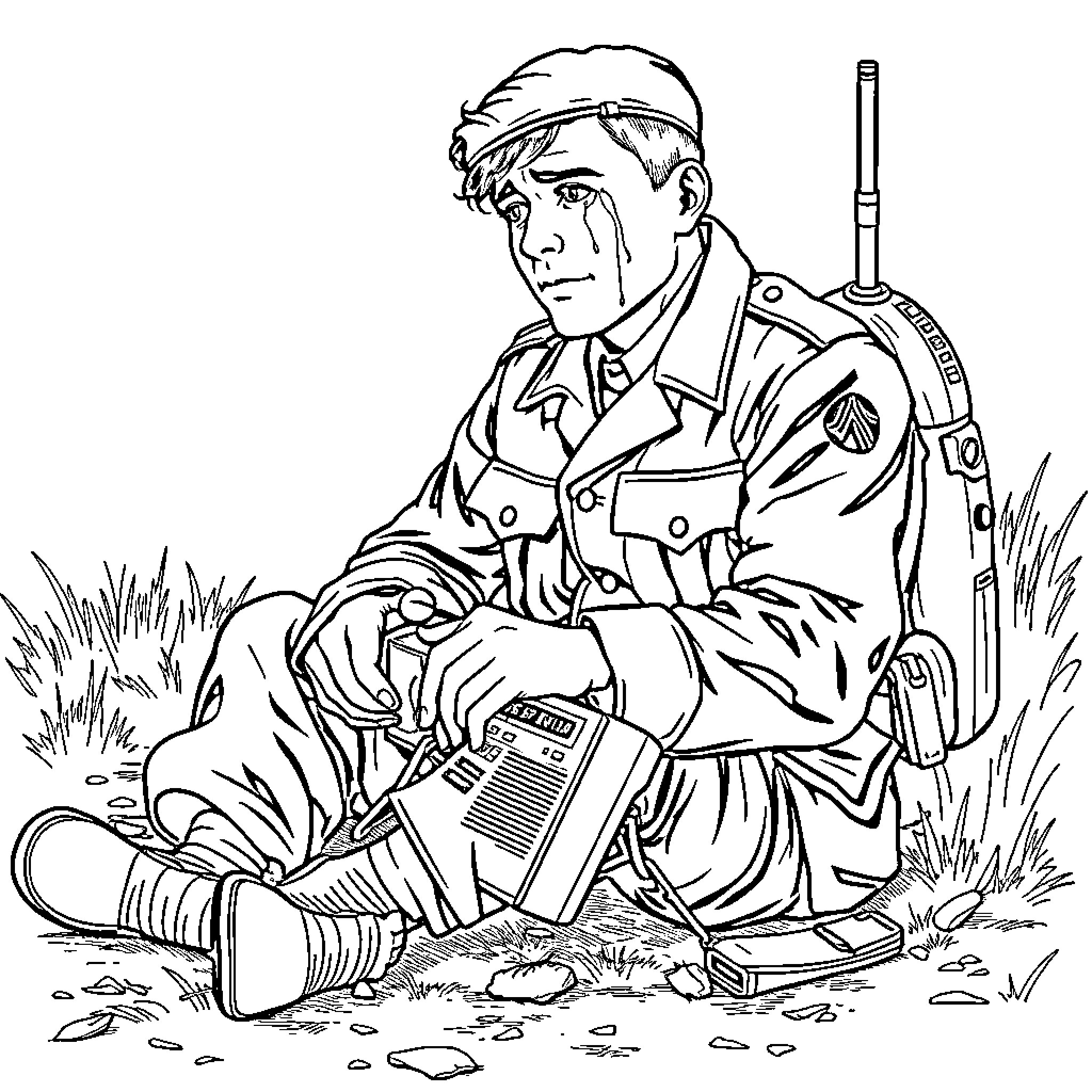 Soldier resting in the field with equipment Coloring Page (free black-and-white line drawing printable PDF for all, from beginners to advanced learners, including children, teens, adults, and seniors)