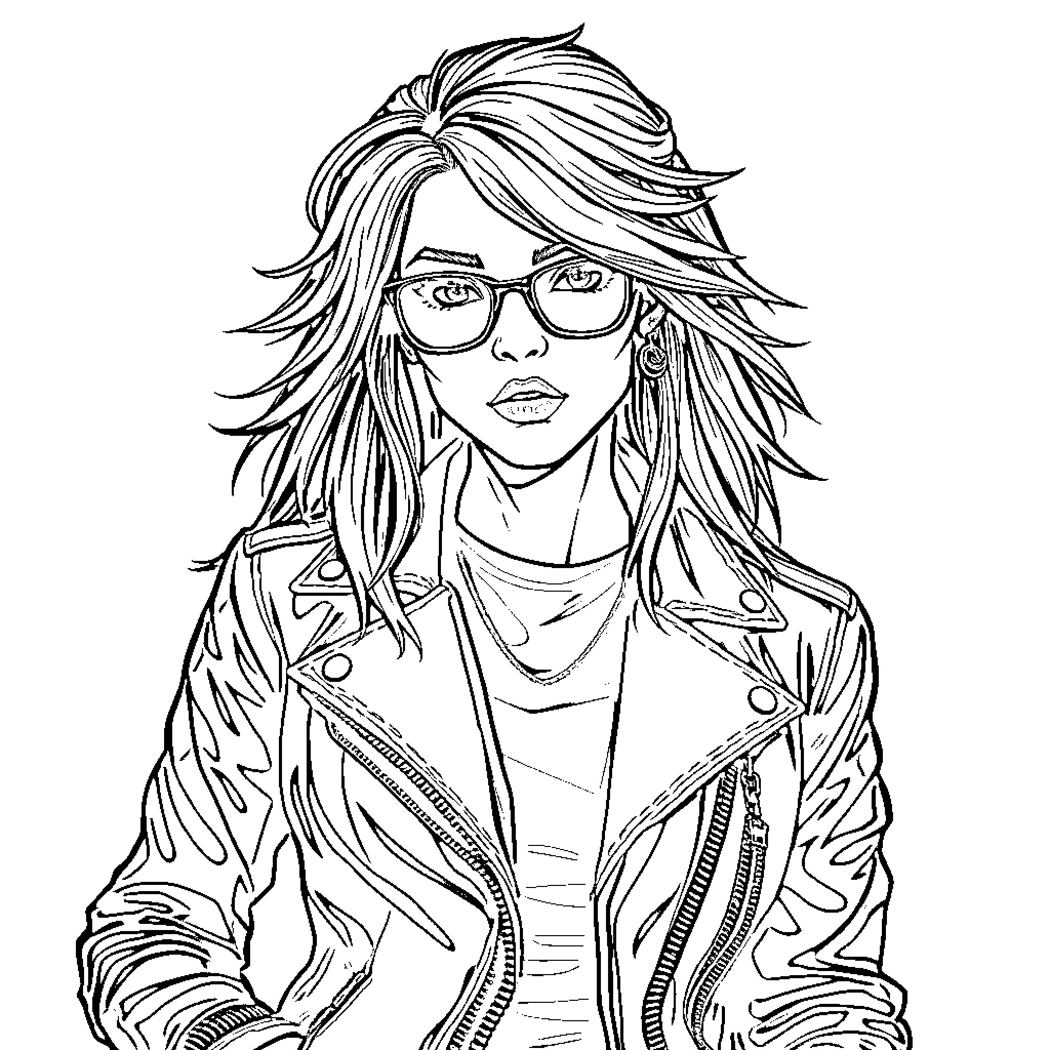 Chick in stylish rocker outfit with dramatic hair Coloring Page (free black-and-white line drawing printable PDF for all, from beginners to advanced learners, including children, teens, adults, and seniors)