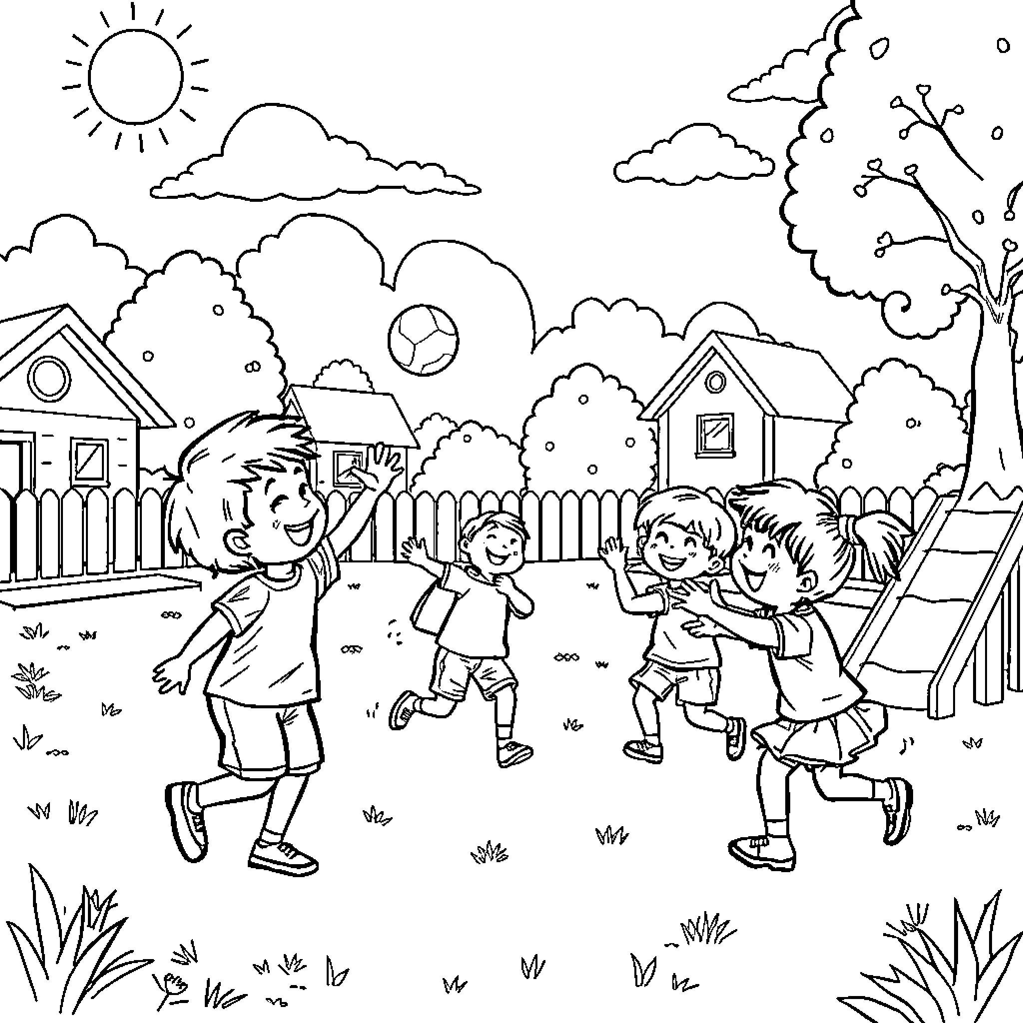 Kids playing joyfully in the neighborhood Coloring Page (free black-and-white line drawing printable PDF for all, from beginners to advanced learners, including children, teens, adults, and seniors)