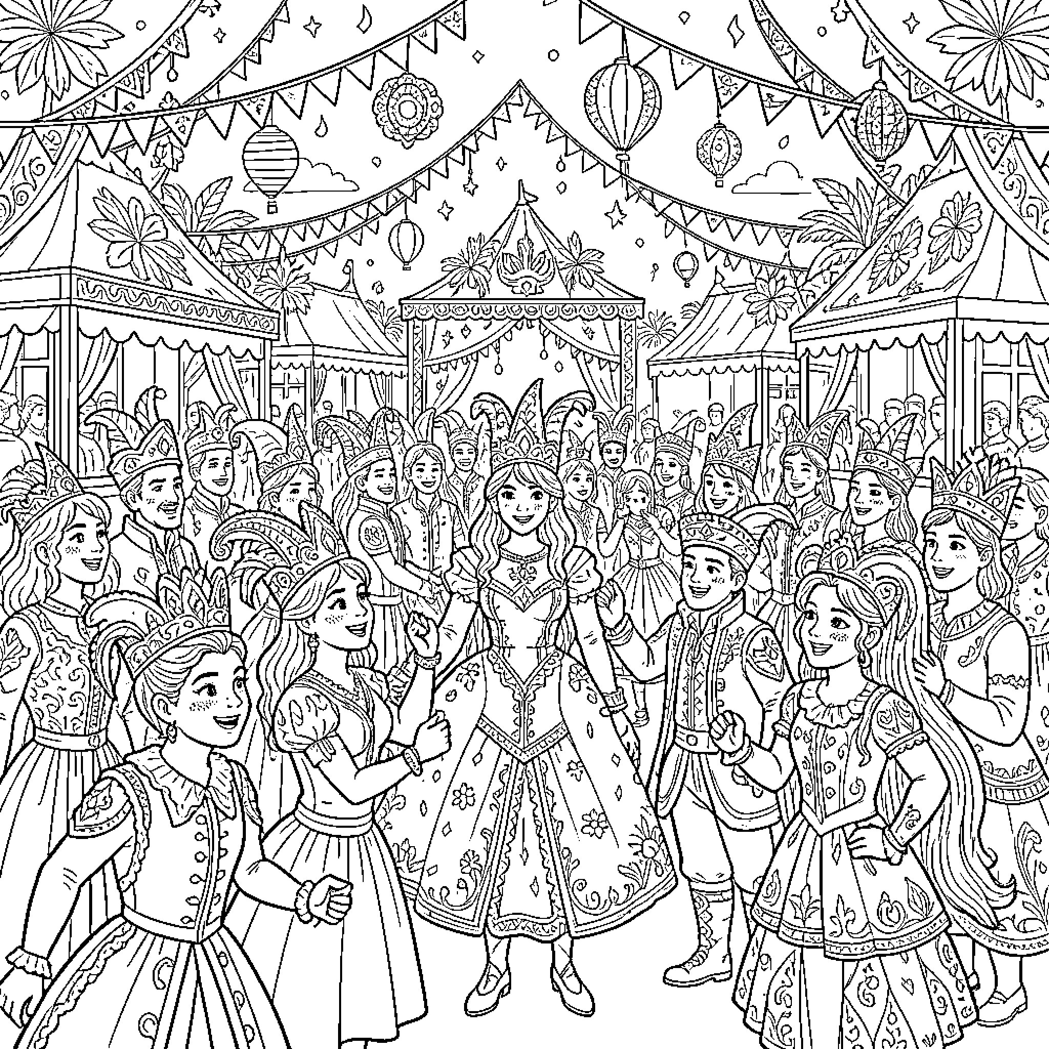 Carnival celebration with people dancing in festive costumes Coloring Page (free black-and-white line drawing printable PDF for all, from beginners to advanced learners, including children, teens, adults, and seniors)