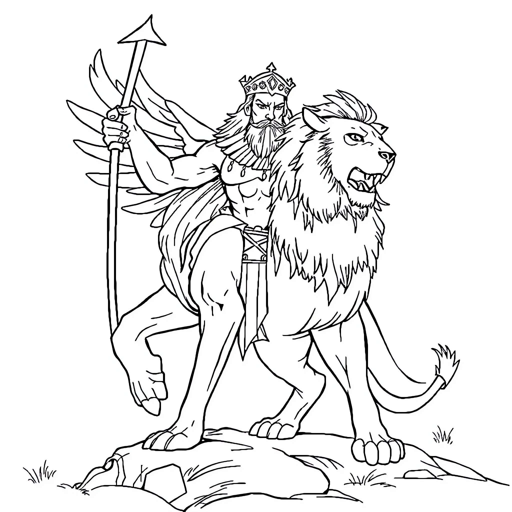 Centaur king riding a mighty lion with wings Coloring Page (free black-and-white line drawing printable PDF for all, from beginners to advanced learners, including children, teens, adults, and seniors)
