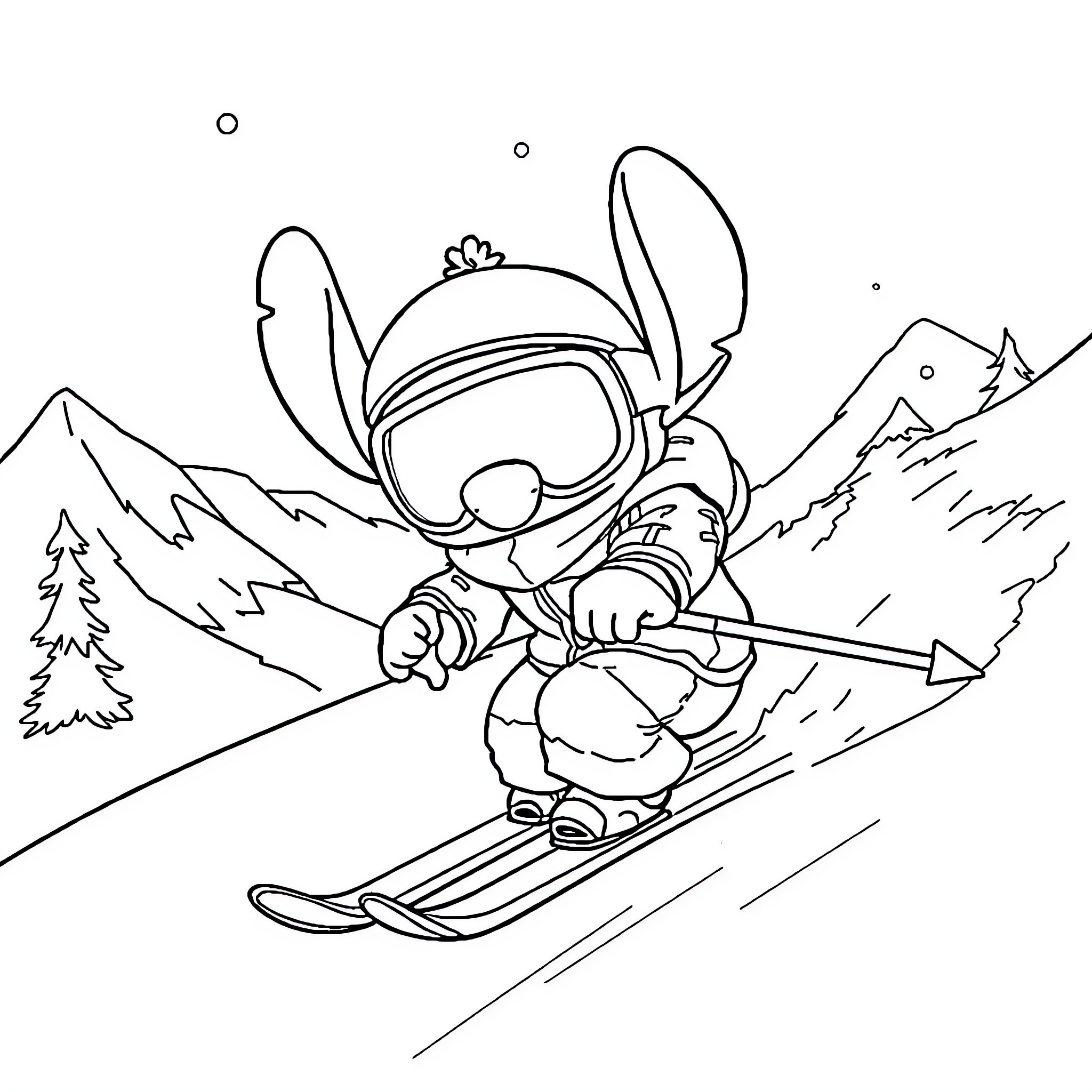 Stitch skiing down the snowy mountain Coloring Page (free black-and-white line drawing printable PDF for all, from beginners to advanced learners, including children, teens, adults, and seniors)
