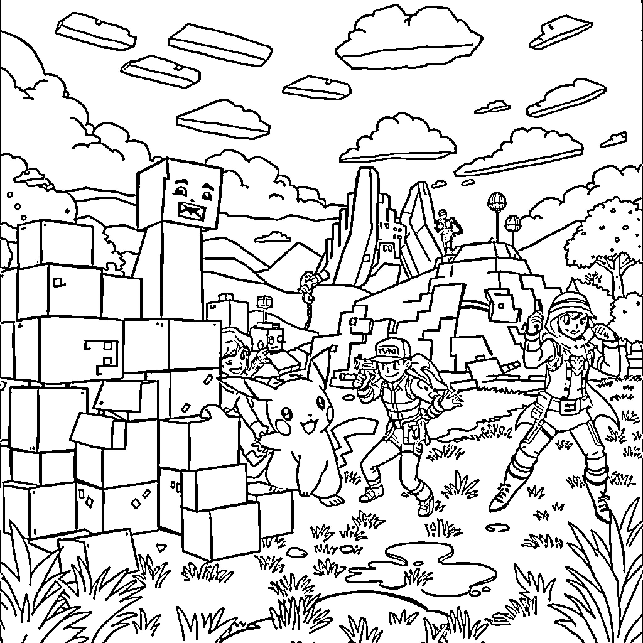 Gaming Characters Exploring Fantastical Landscape Coloring Page (free black-and-white line drawing printable PDF for all, from beginners to advanced learners, including children, teens, adults, and seniors)