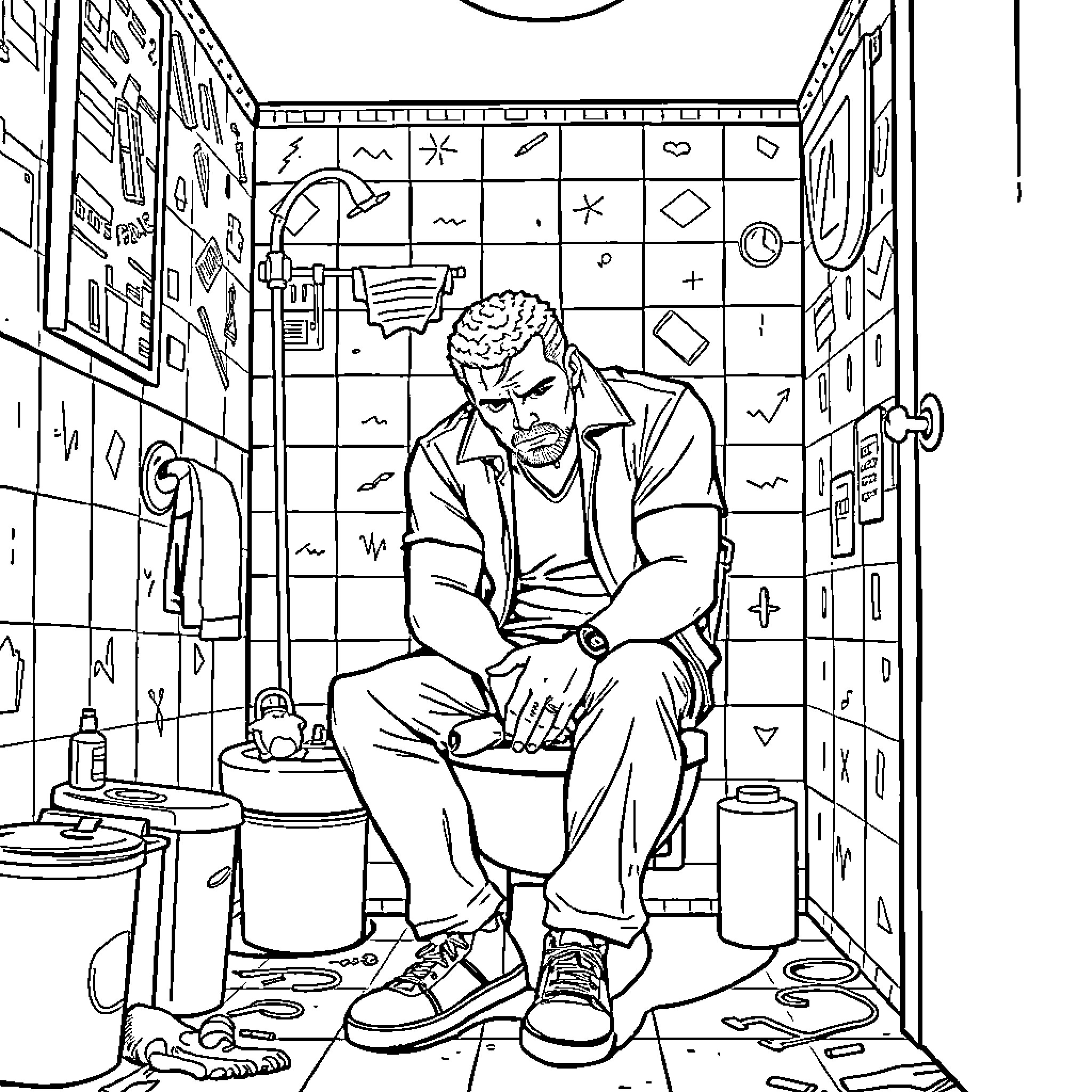 Trevor contemplating in a cluttered restroom Coloring Page (free black-and-white line drawing printable PDF for all, from beginners to advanced learners, including children, teens, adults, and seniors)