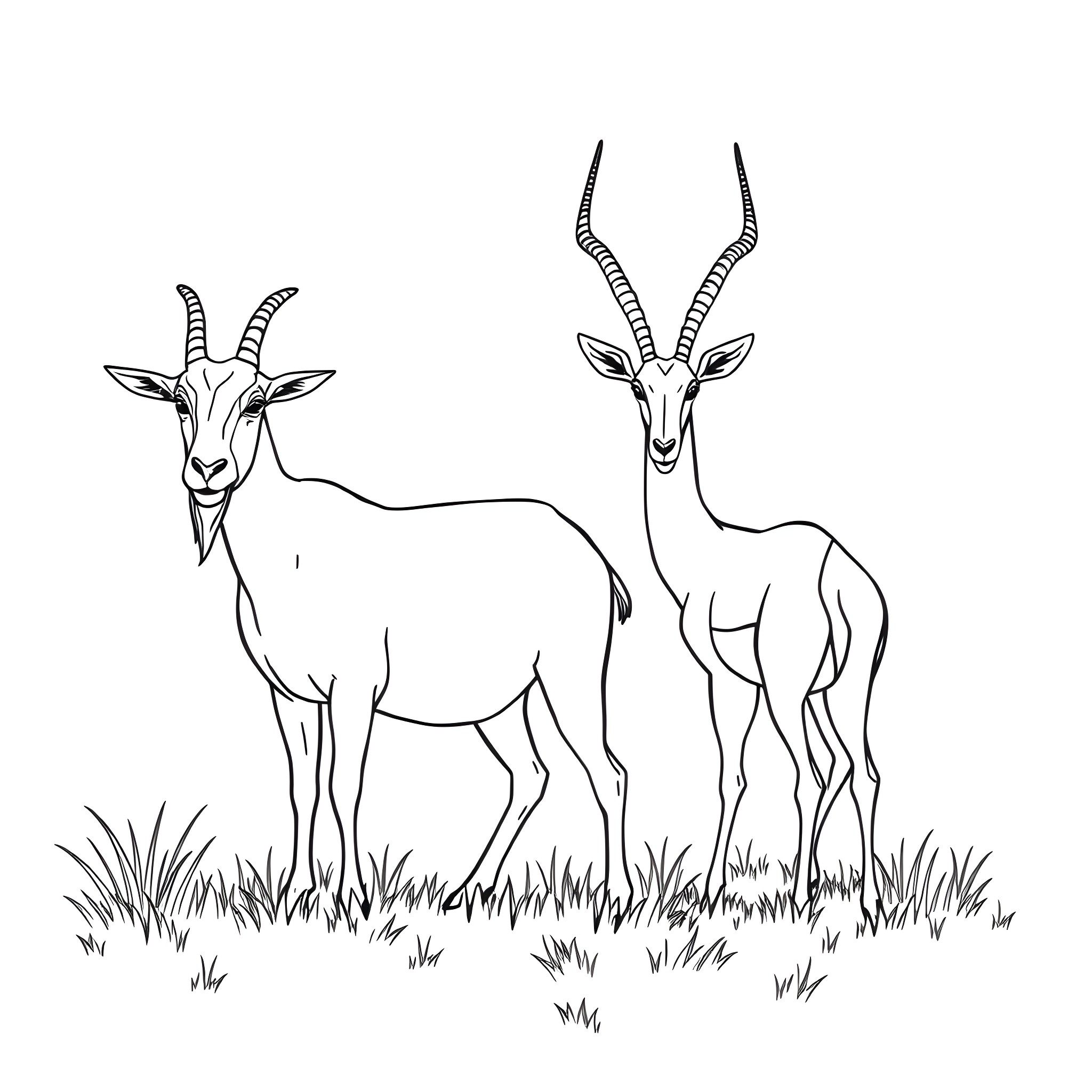 Goats standing together in the field Coloring Page (free black-and-white line drawing printable PDF for all, from beginners to advanced learners, including children, teens, adults, and seniors)