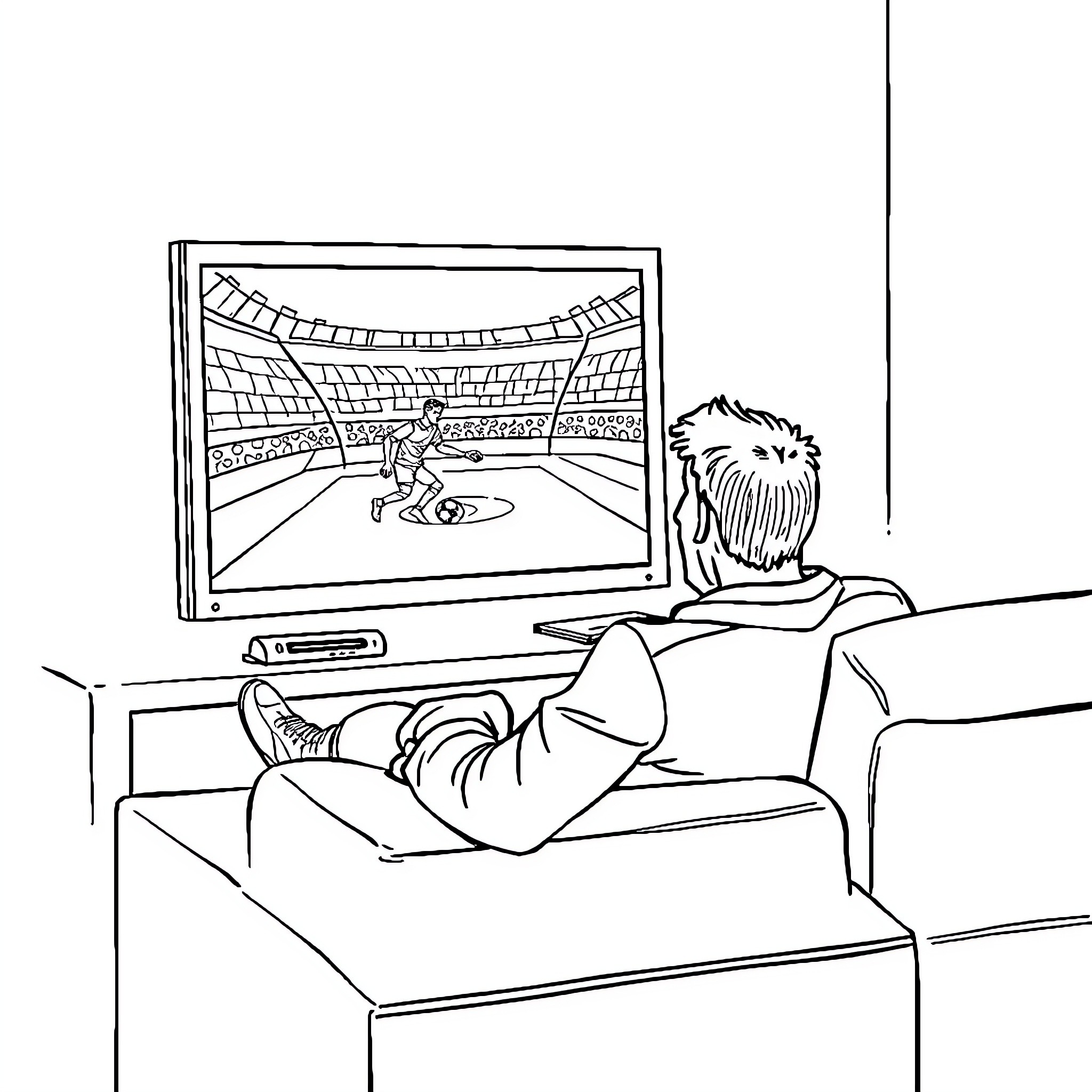 Hombre relaxing and watching sports on TV Coloring Page (free black-and-white line drawing printable PDF for all, from beginners to advanced learners, including children, teens, adults, and seniors)