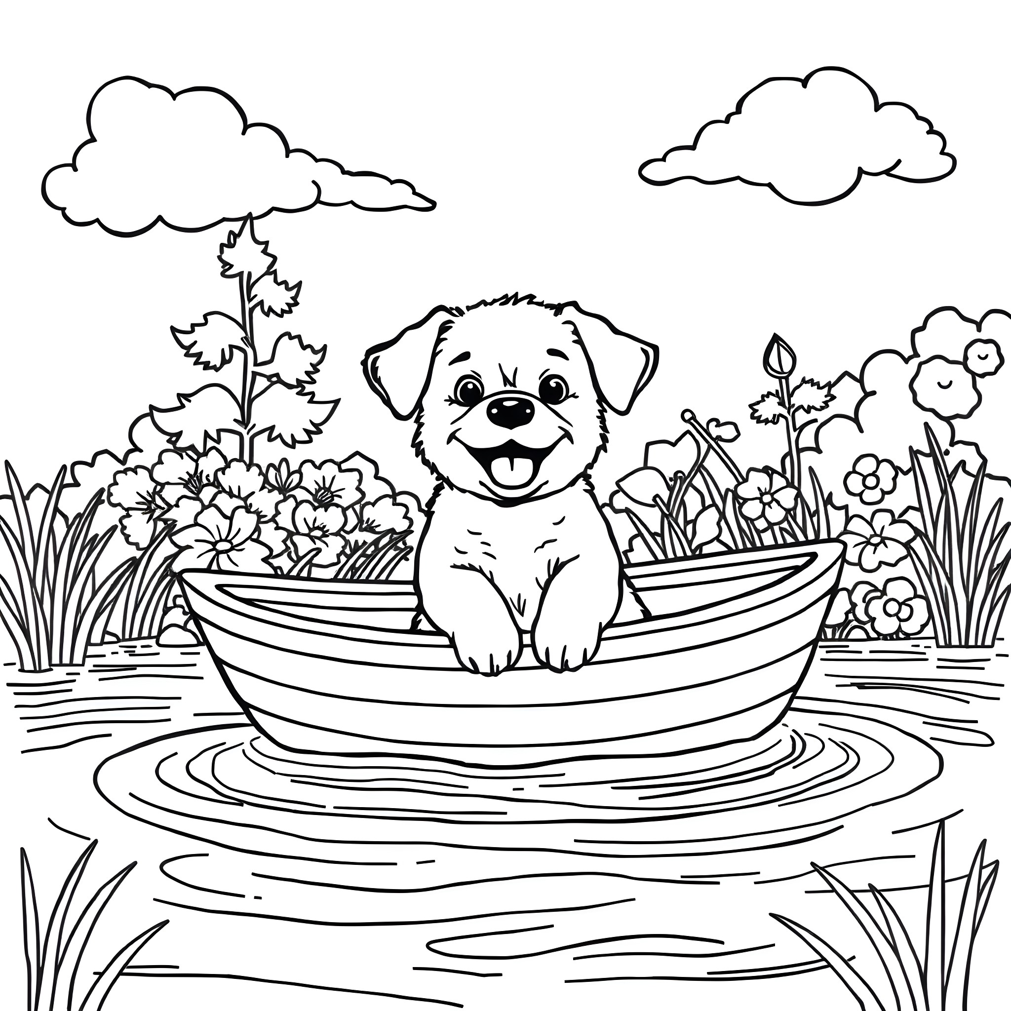 Puppy sailing in a boat surrounded by flowers Coloring Page (free black-and-white line drawing printable PDF for all, from beginners to advanced learners, including children, teens, adults, and seniors)
