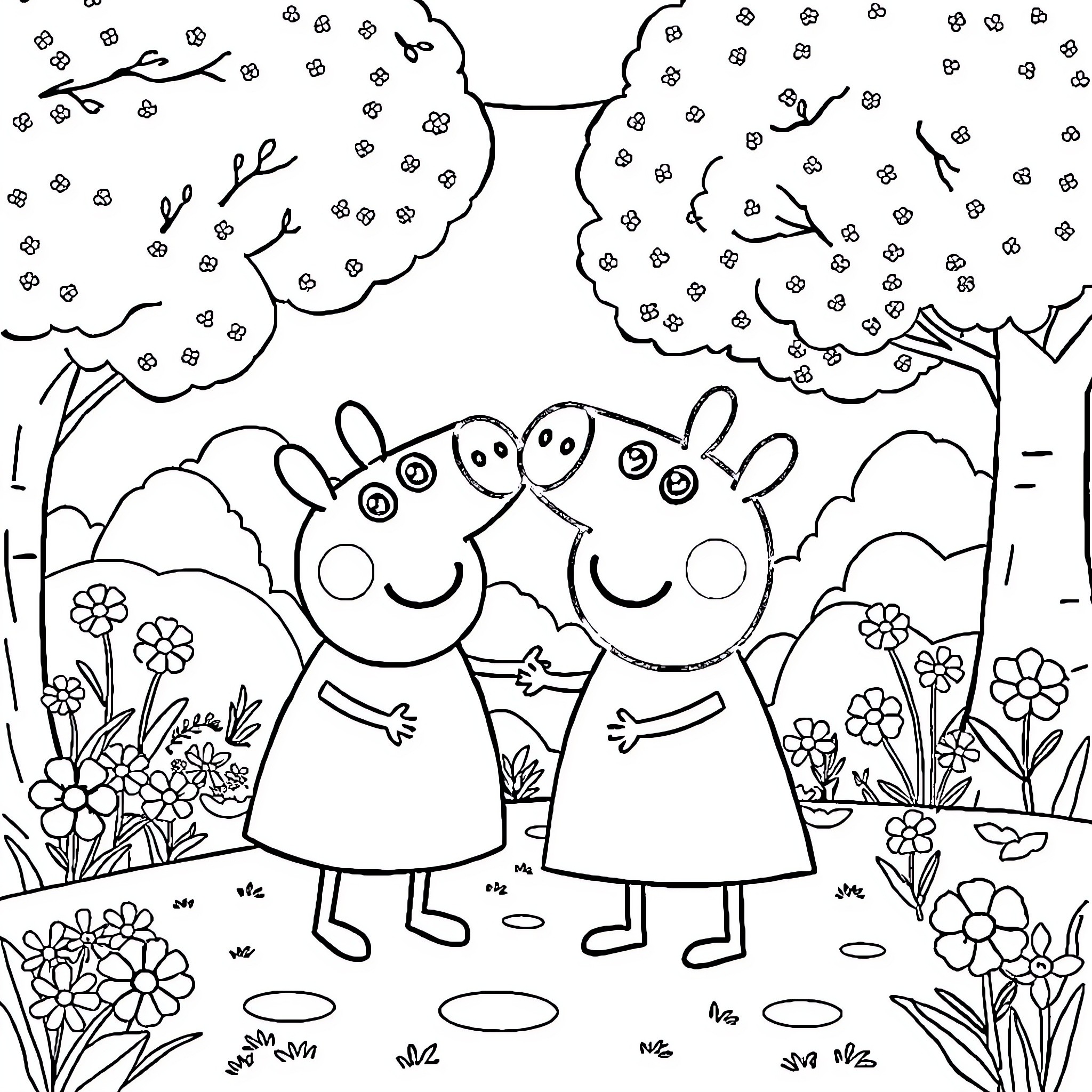 Peppa Pig and friends enjoy a sunny day outdoors Coloring Page (free black-and-white line drawing printable PDF for all, from beginners to advanced learners, including children, teens, adults, and seniors)