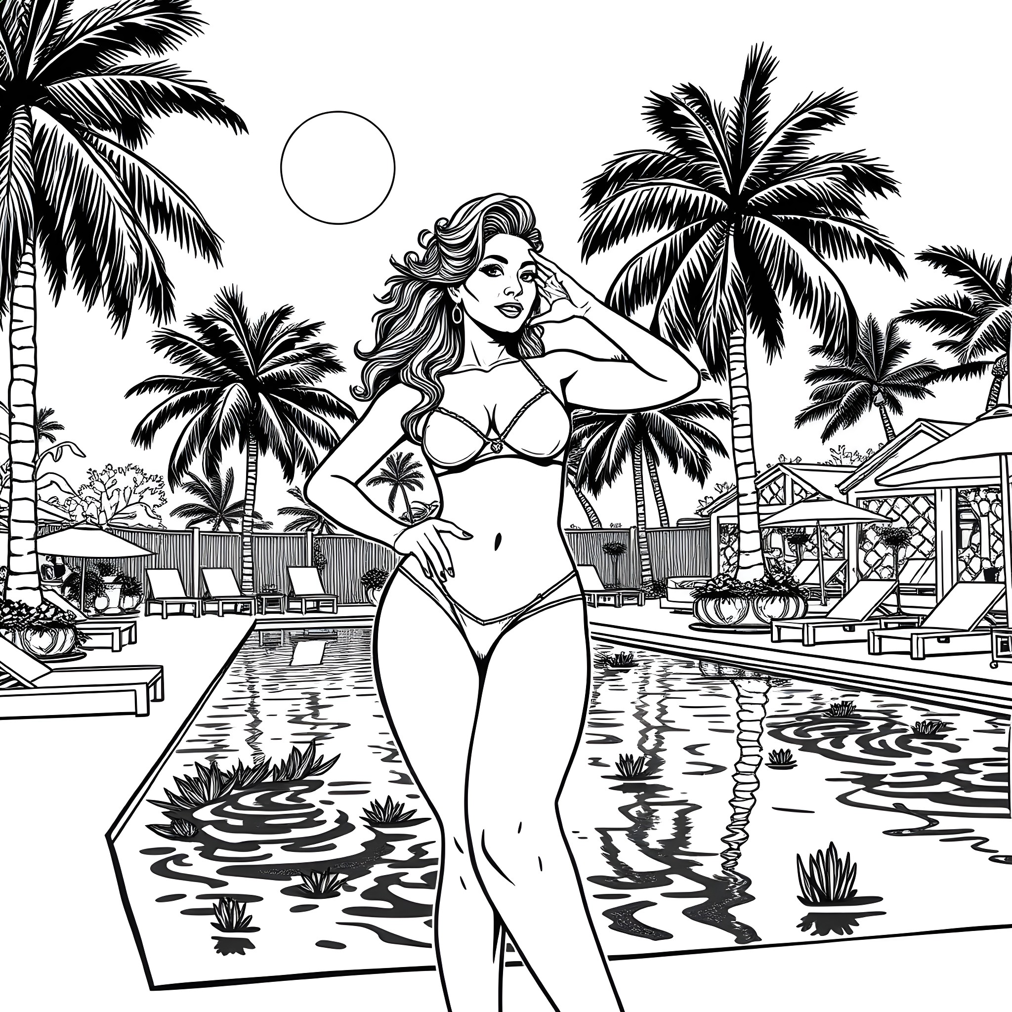 Danielle Bregoli enjoying a tropical vacation Coloring Page (free black-and-white line drawing printable PDF for all, from beginners to advanced learners, including children, teens, adults, and seniors)