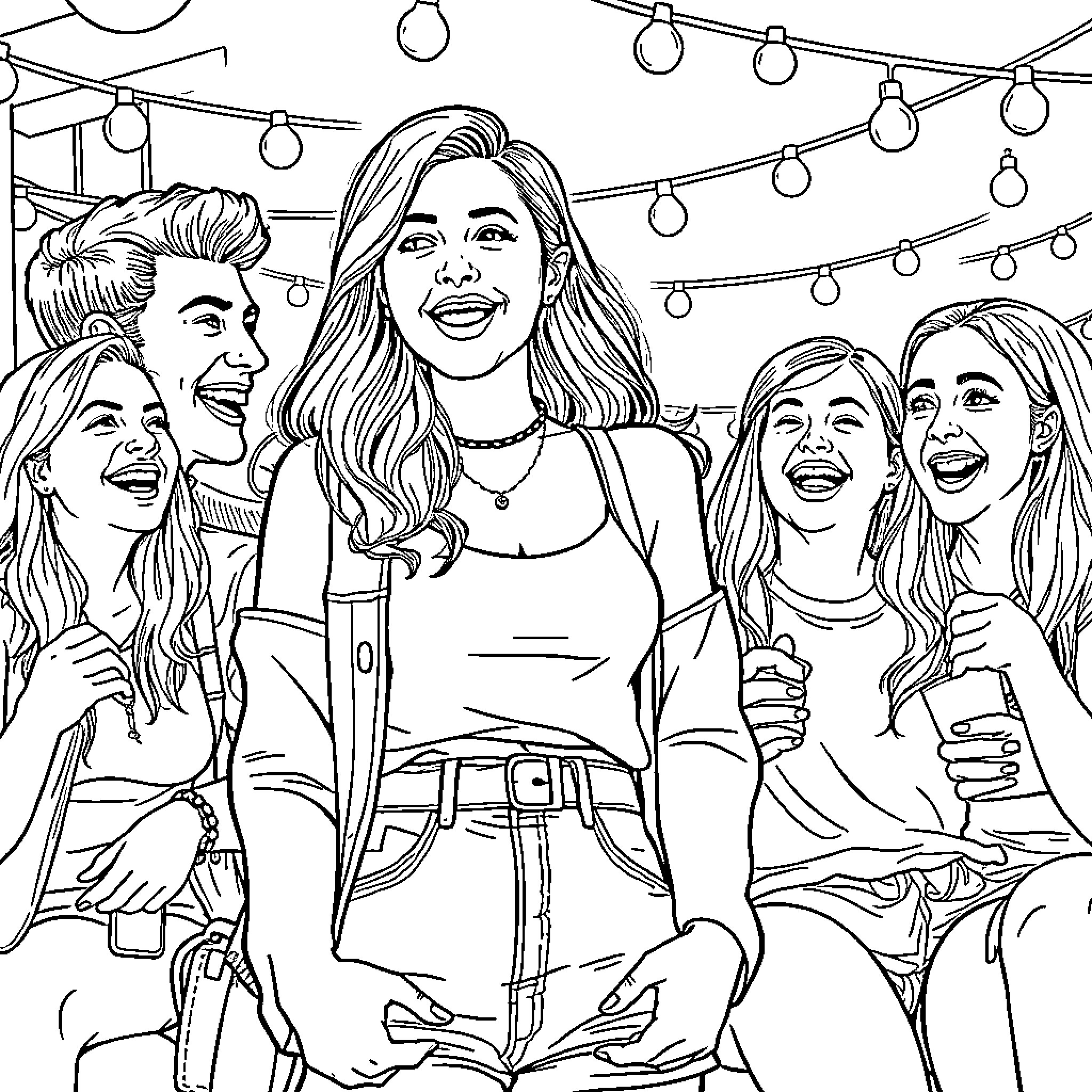 Anna Kendrick Surrounded by Smiling Friends at a Festive Gathering Coloring Page (free black-and-white line drawing printable PDF for all, from beginners to advanced learners, including children, teens, adults, and seniors)