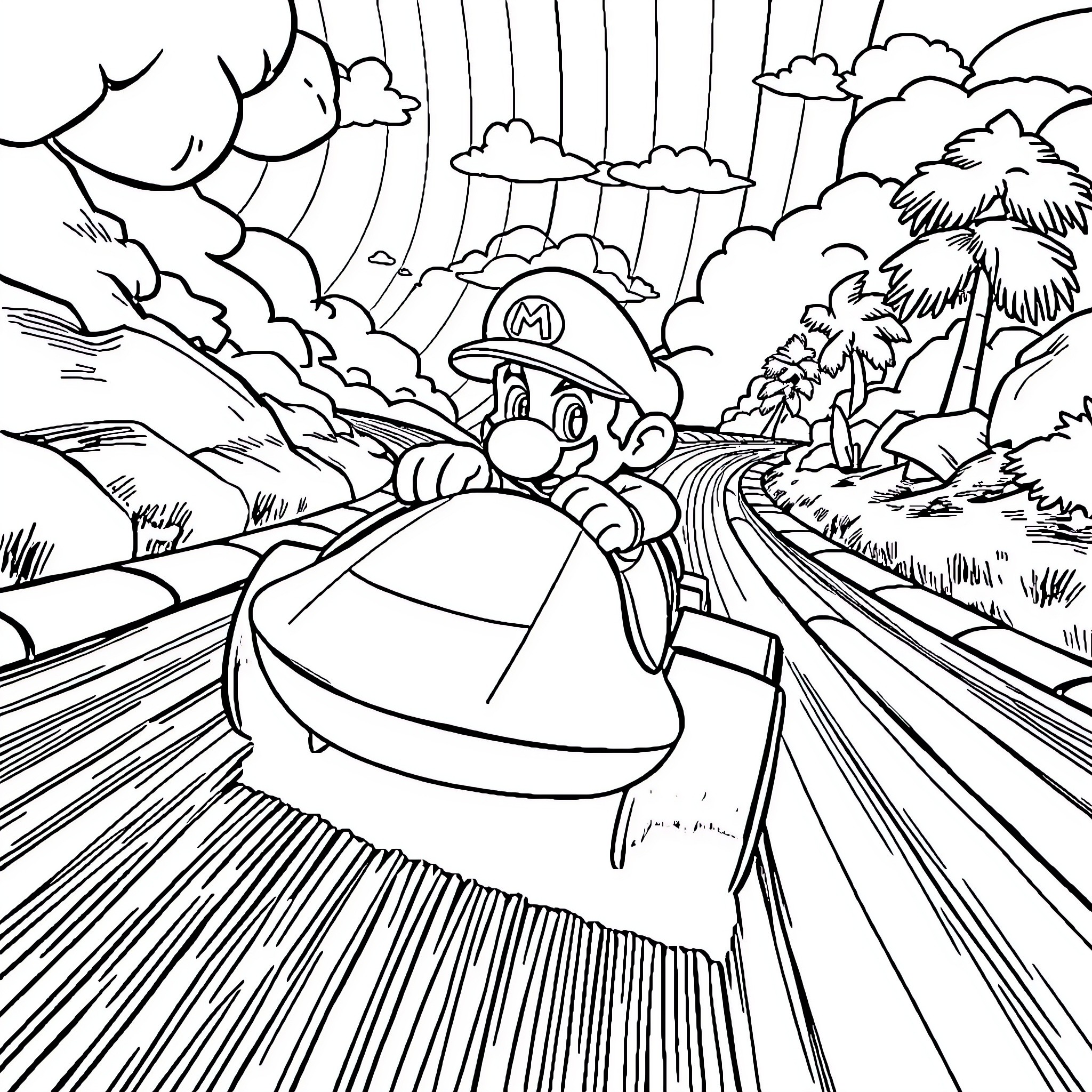 Mario racing through the vibrant landscape Coloring Page (free black-and-white line drawing printable PDF for all, from beginners to advanced learners, including children, teens, adults, and seniors)