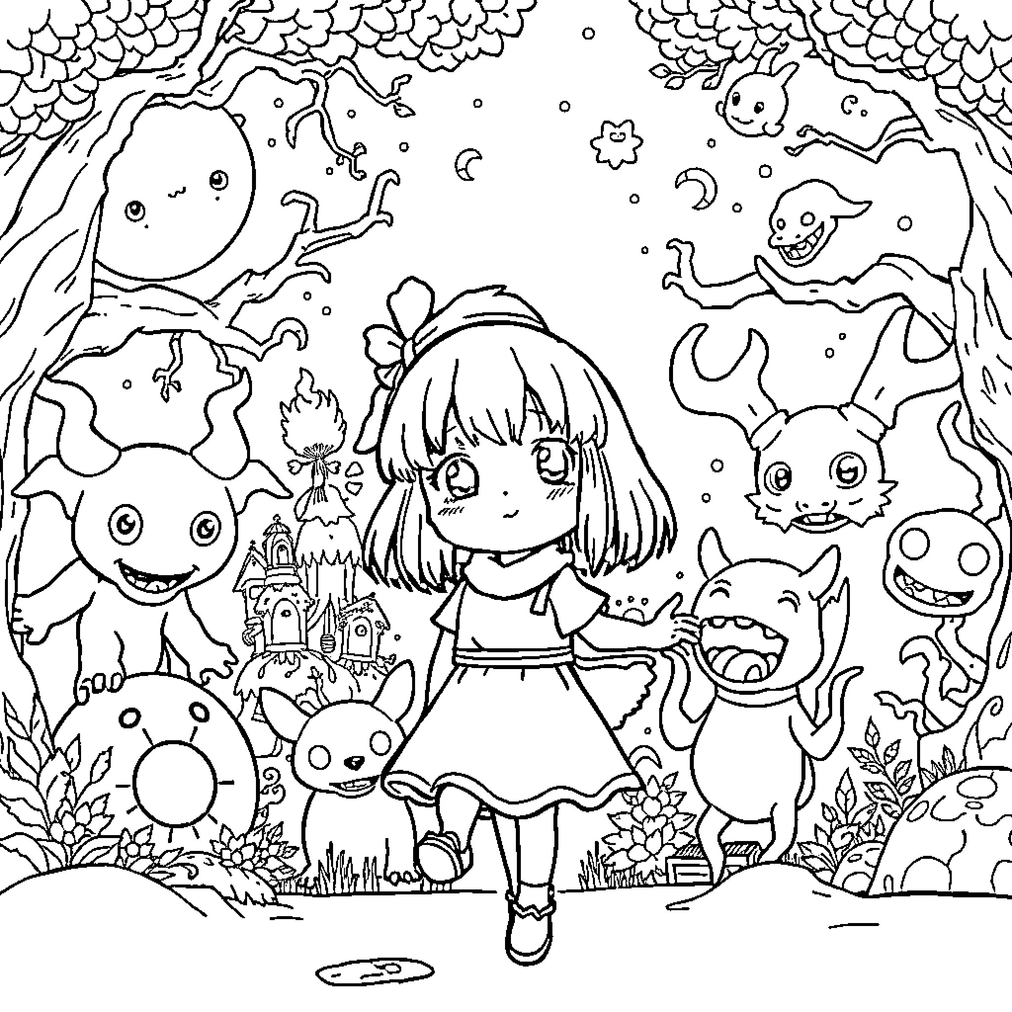 Spirited Away - Girl explores a whimsical fantasy world Coloring Page (free black-and-white line drawing printable PDF for all, from beginners to advanced learners, including children, teens, adults, and seniors)