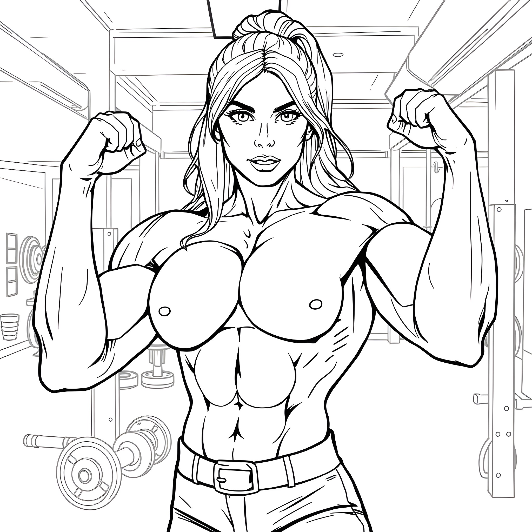 Bodybuilder Flexing Muscles in Gym Setting Coloring Page (free black-and-white line drawing printable PDF for all, from beginners to advanced learners, including children, teens, adults, and seniors)