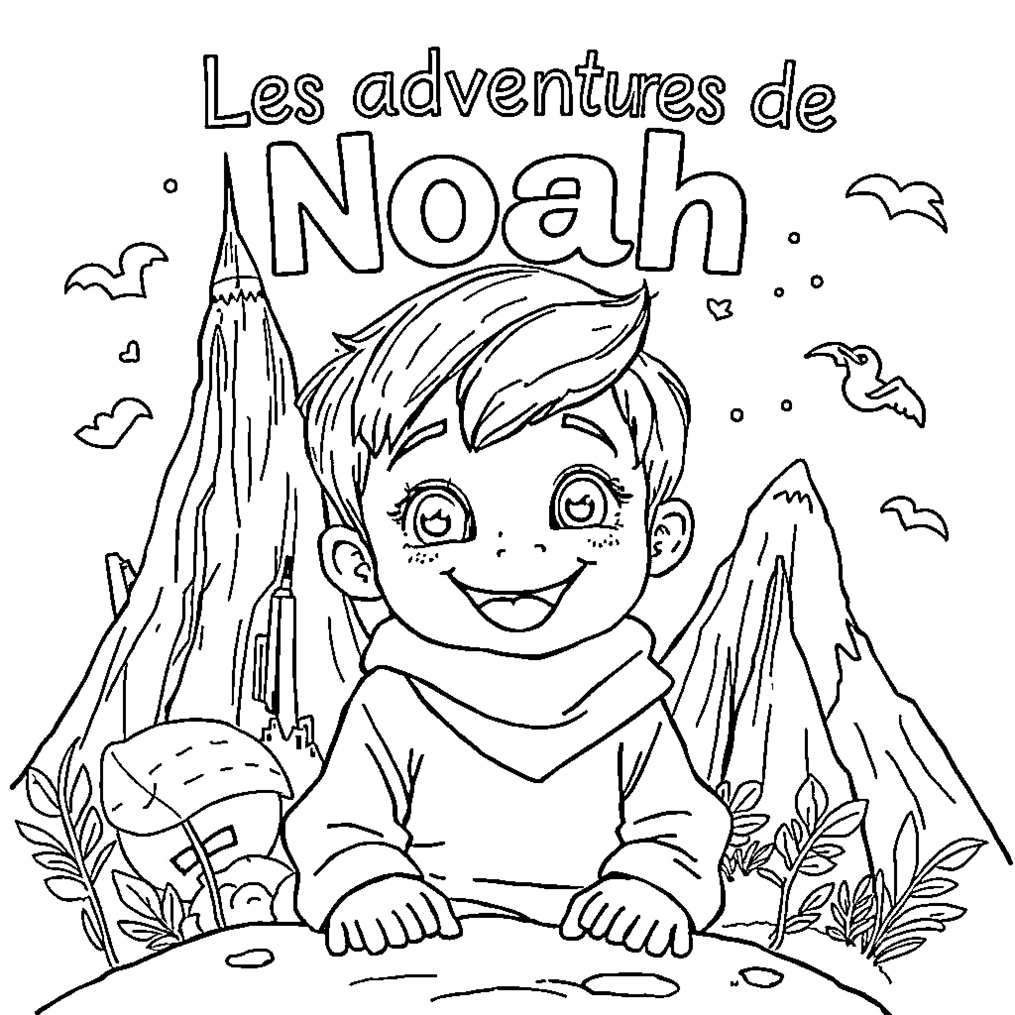 Noah's Adventurous Journey in the Mountains Coloring Page (free black-and-white line drawing printable PDF for all, from beginners to advanced learners, including children, teens, adults, and seniors)