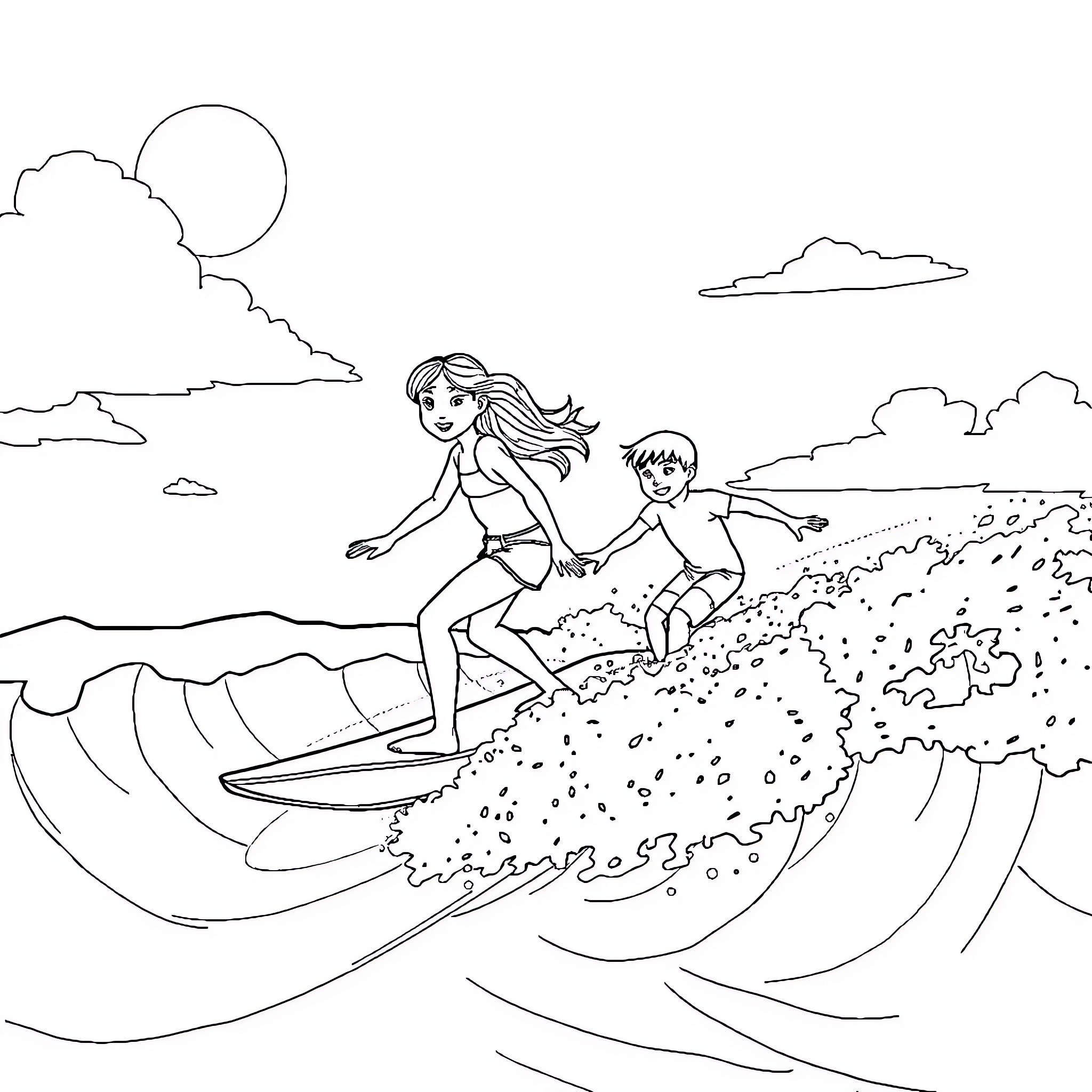 Surfers riding the waves on a sunny day Coloring Page (free black-and-white line drawing printable PDF for all, from beginners to advanced learners, including children, teens, adults, and seniors)