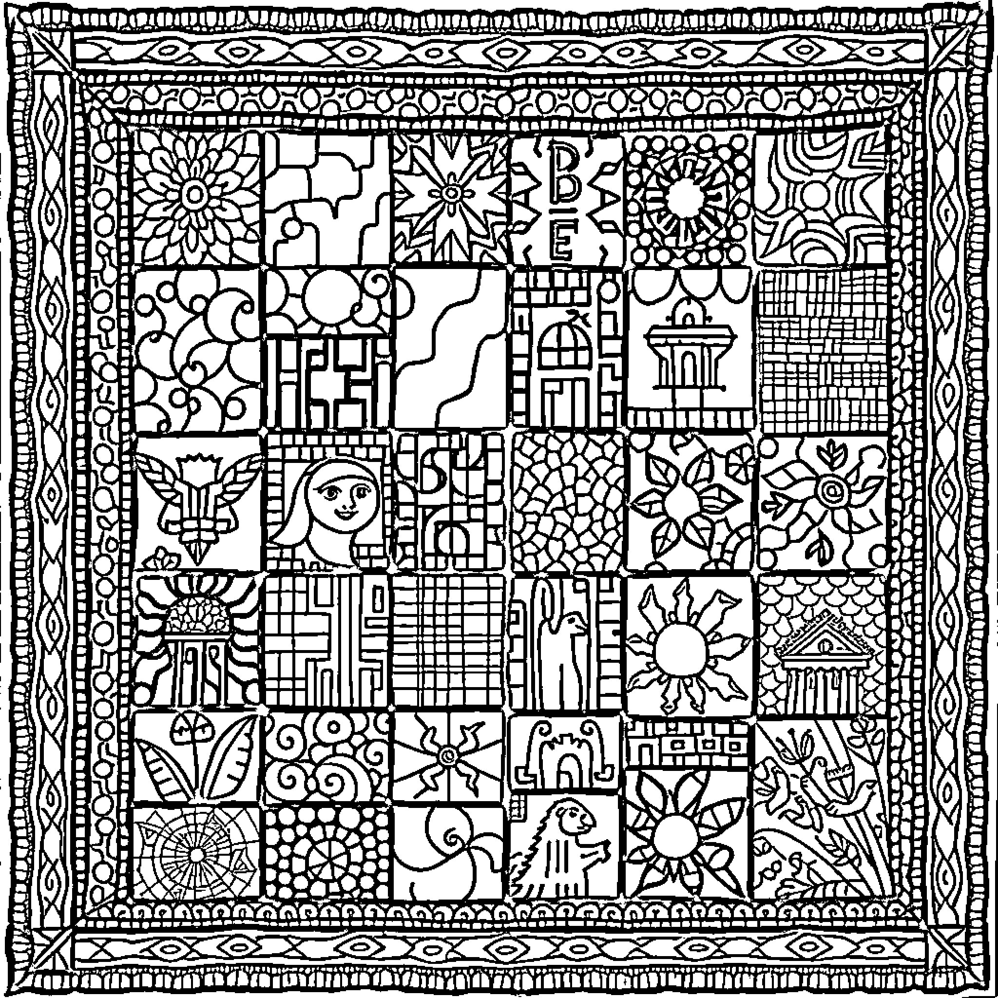 Quilt of Vibrant Patterns and Whimsical Designs Coloring Page (free black-and-white line drawing printable PDF for all, from beginners to advanced learners, including children, teens, adults, and seniors)