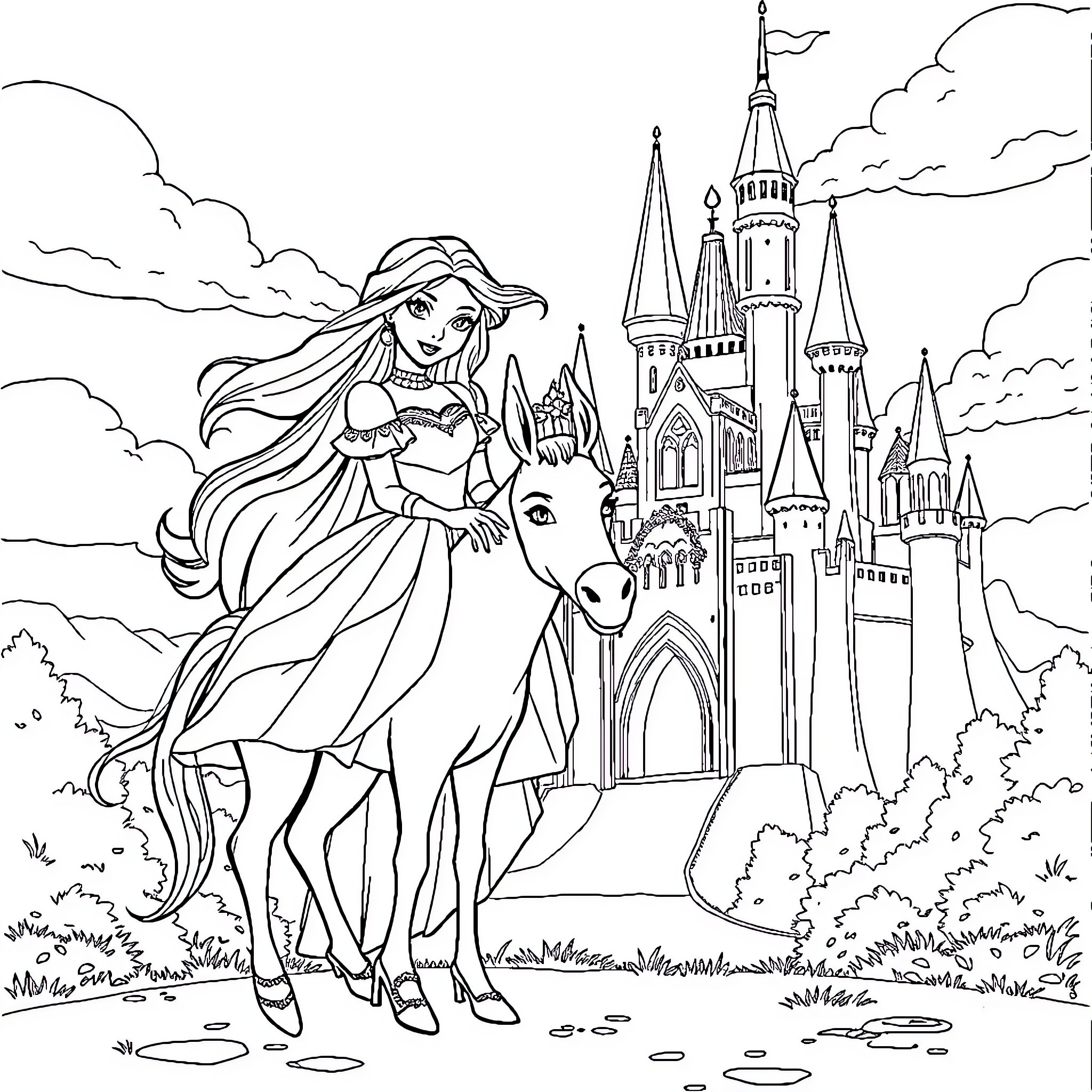 Princess on a Horse Approaching a Majestic Castle Coloring Page (free black-and-white line drawing printable PDF for all, from beginners to advanced learners, including children, teens, adults, and seniors)