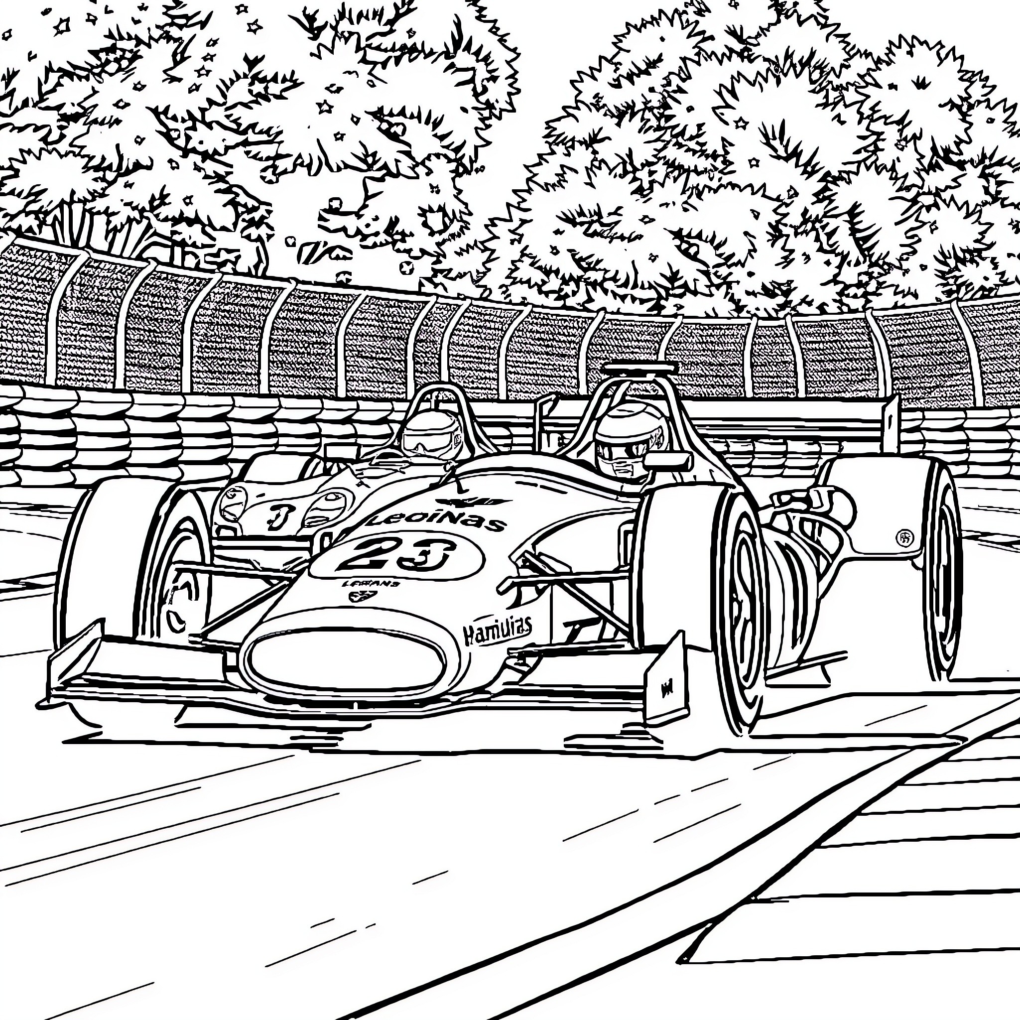 Car racing on a motorsport track Coloring Page (free black-and-white line drawing printable PDF for all, from beginners to advanced learners, including children, teens, adults, and seniors)