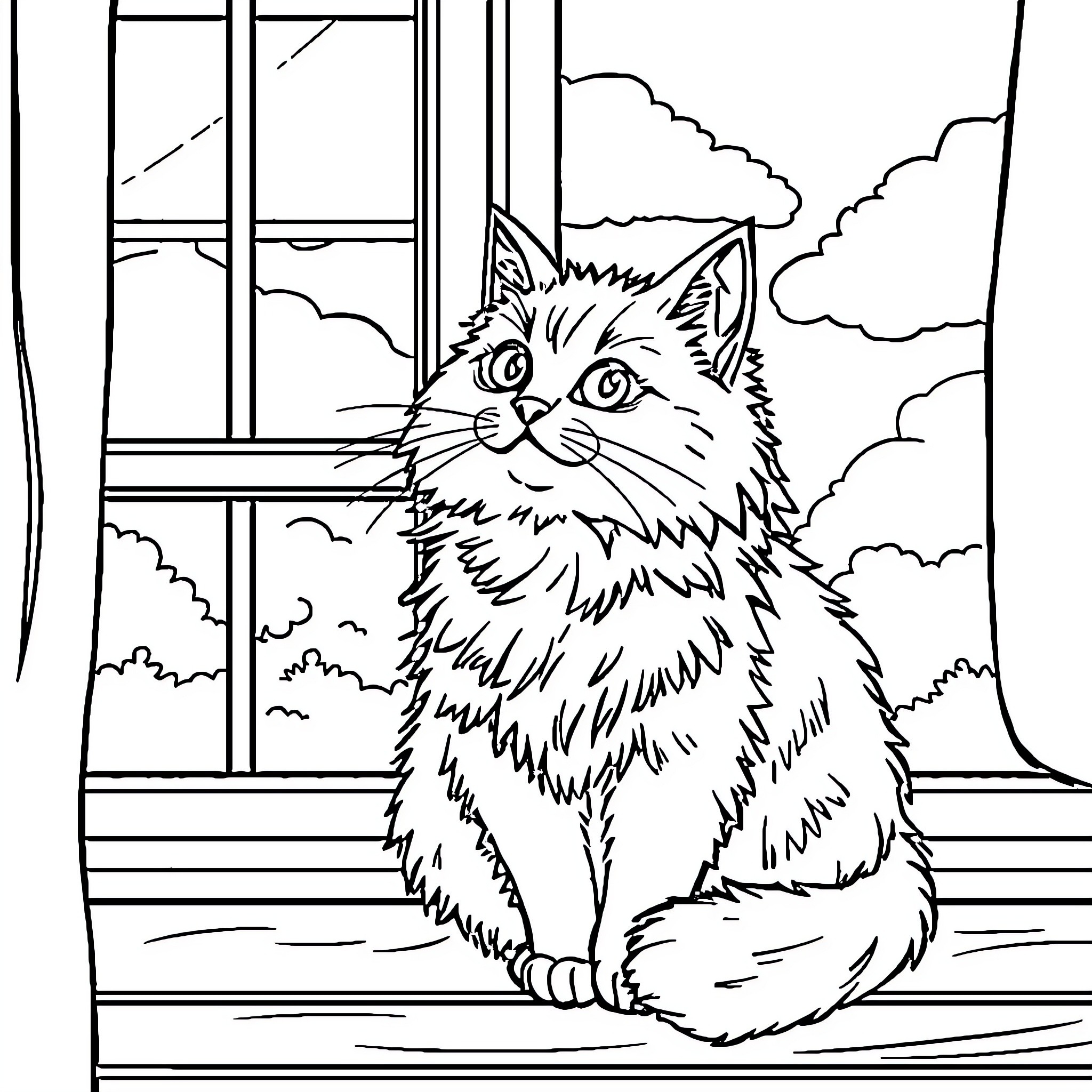 Cat gazing out the window on a cloudy day Coloring Page (free black-and-white line drawing printable PDF for all, from beginners to advanced learners, including children, teens, adults, and seniors)