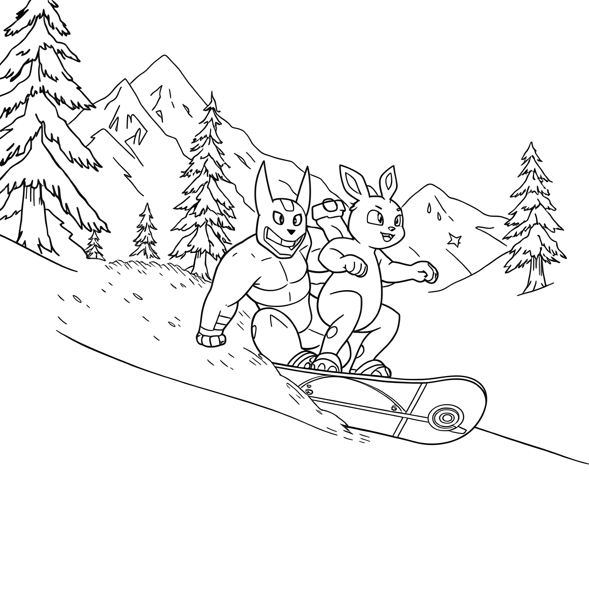 Machamp's Snowy Sledding Adventure Coloring Page (free black-and-white line drawing printable PDF for all, from beginners to advanced learners, including children, teens, adults, and seniors)