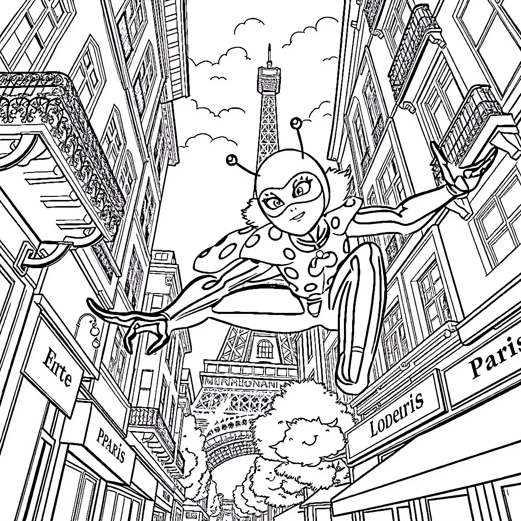 Ladybug exploring the streets of Paris Coloring Page (free black-and-white line drawing printable PDF for all, from beginners to advanced learners, including children, teens, adults, and seniors)