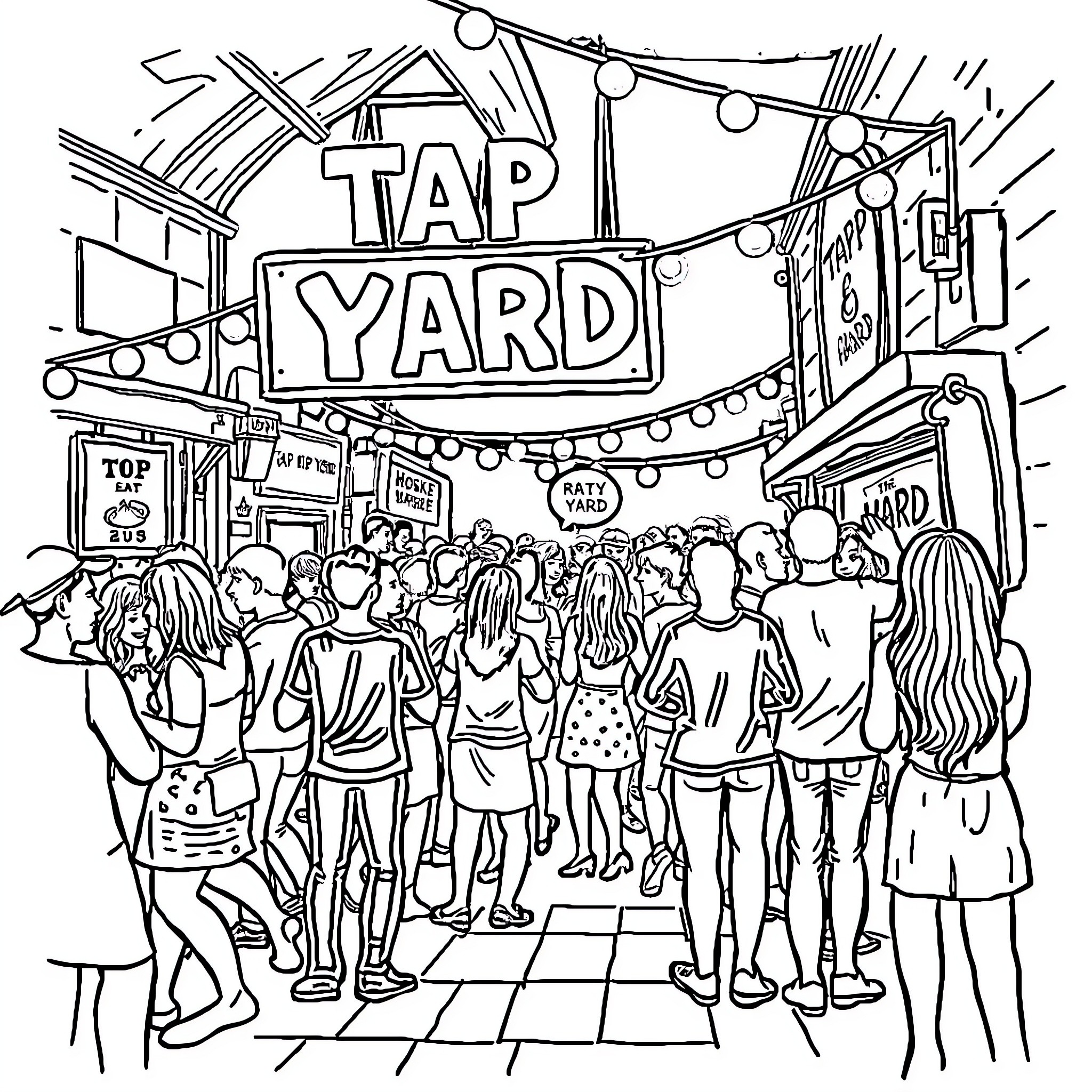 Party at the Tap Yard with a Lively Crowd Coloring Page (free black-and-white line drawing printable PDF for all, from beginners to advanced learners, including children, teens, adults, and seniors)