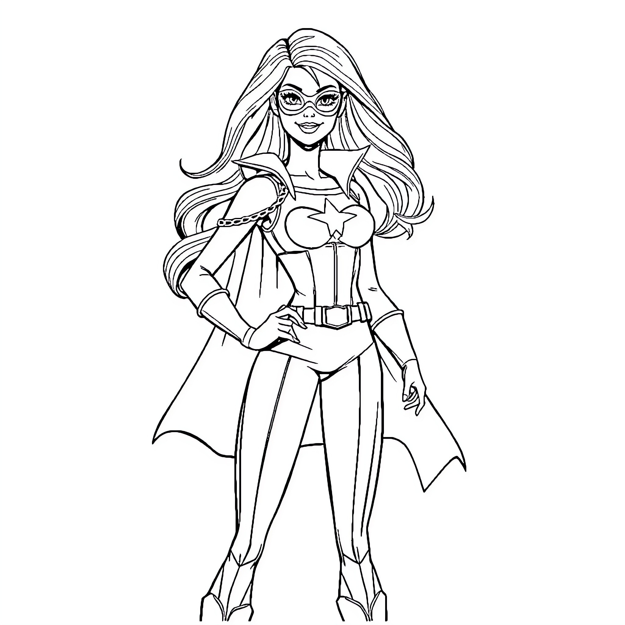 Barbie as a Heroic Superhero in Costume Coloring Page (free black-and-white line drawing printable PDF for all, from beginners to advanced learners, including children, teens, adults, and seniors)