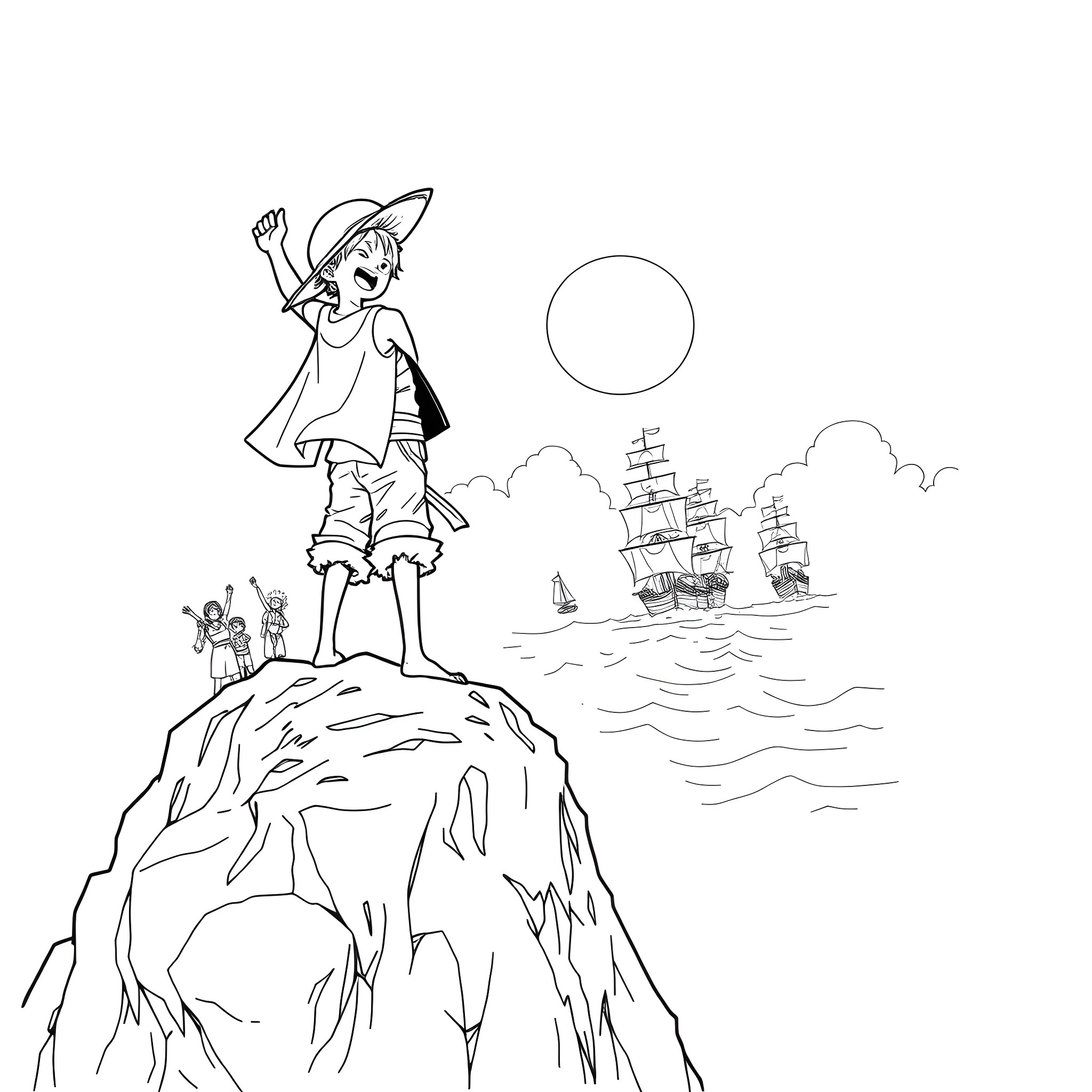 Luffy standing atop a cliff, observing the sea and ships Coloring Page (free black-and-white line drawing printable PDF for all, from beginners to advanced learners, including children, teens, adults, and seniors)