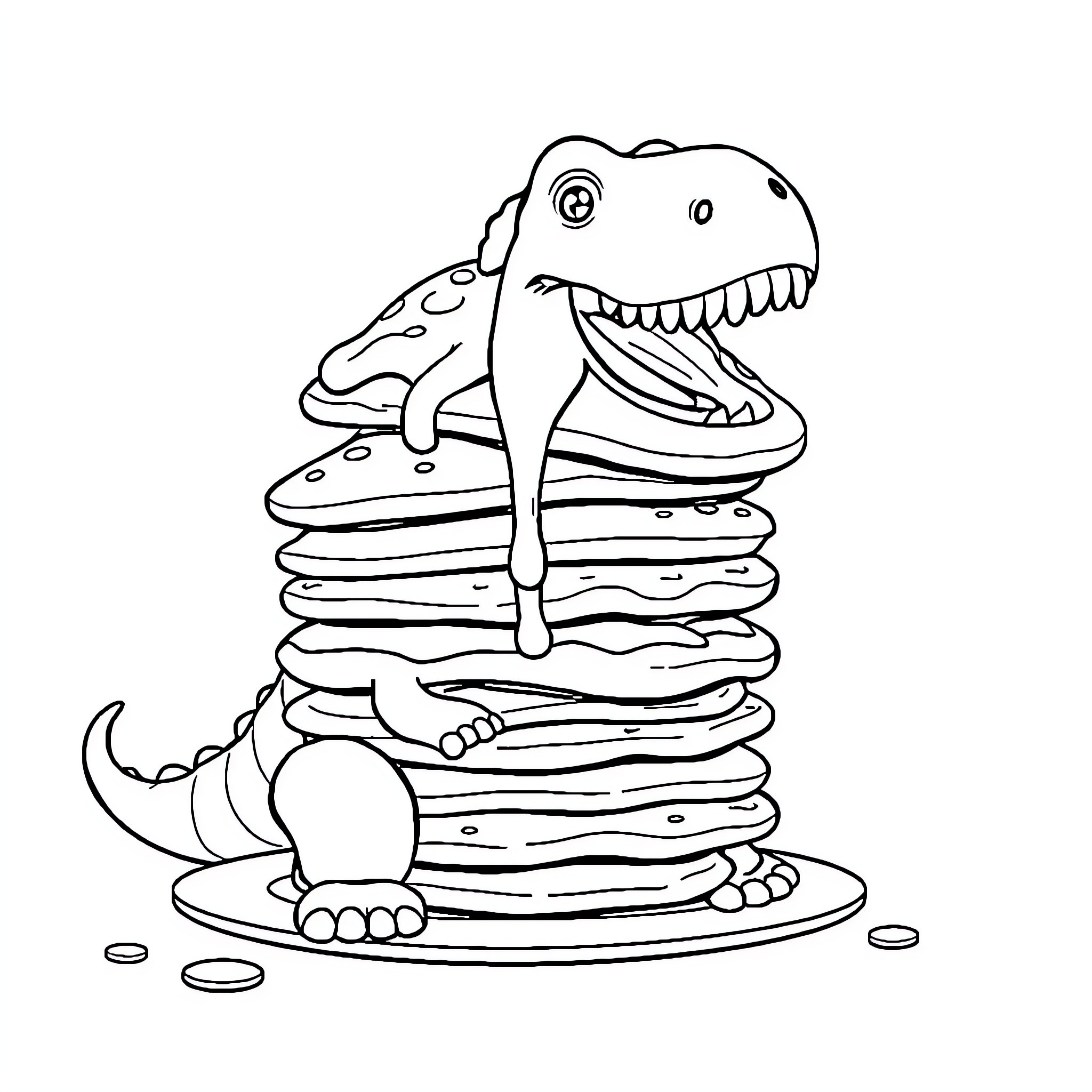 Dinosaur eating a stack of pancakes Coloring Page (free black-and-white line drawing printable PDF for all, from beginners to advanced learners, including children, teens, adults, and seniors)