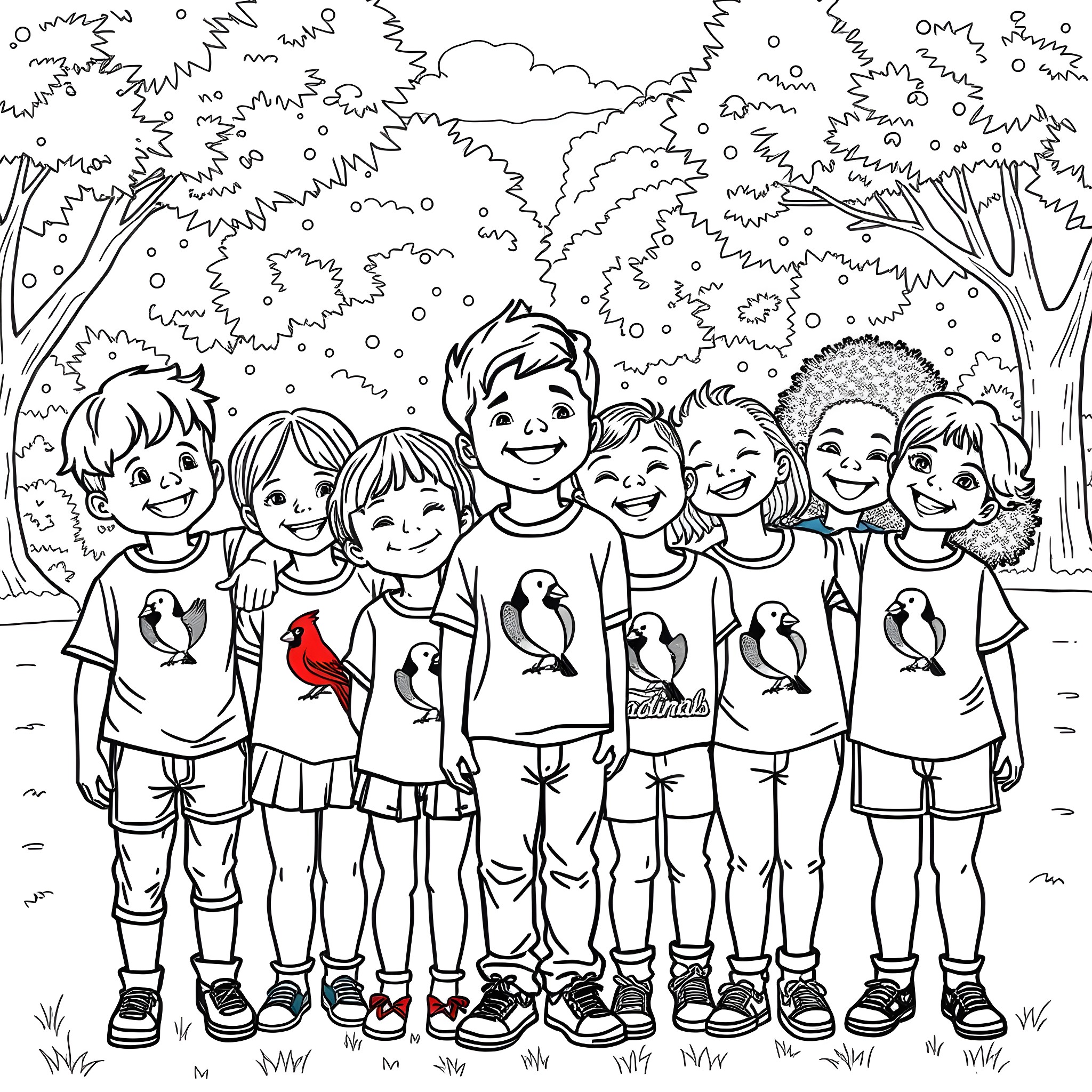 Child friends enjoying nature in the park Coloring Page (free black-and-white line drawing printable PDF for all, from beginners to advanced learners, including children, teens, adults, and seniors)
