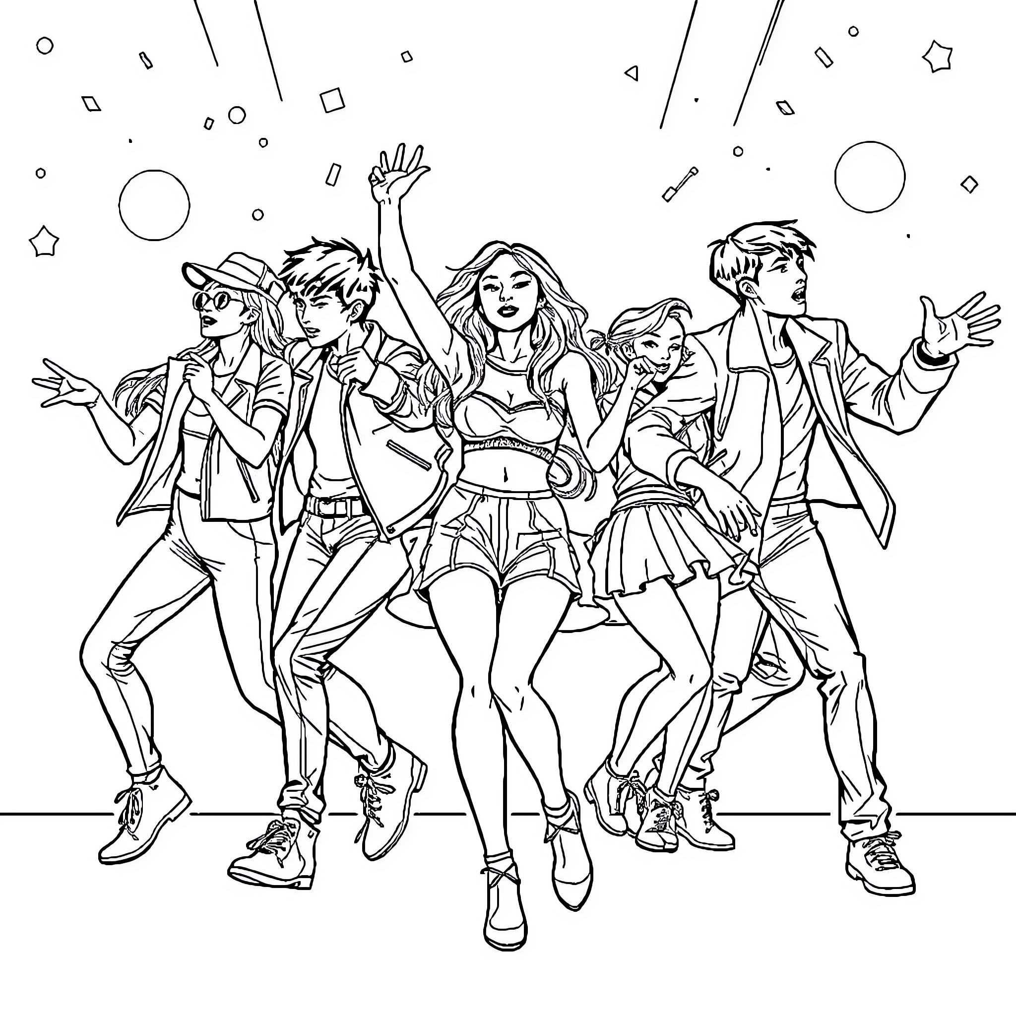 K Pop Group Performing Dynamic Dance Moves Coloring Page (free black-and-white line drawing printable PDF for all, from beginners to advanced learners, including children, teens, adults, and seniors)