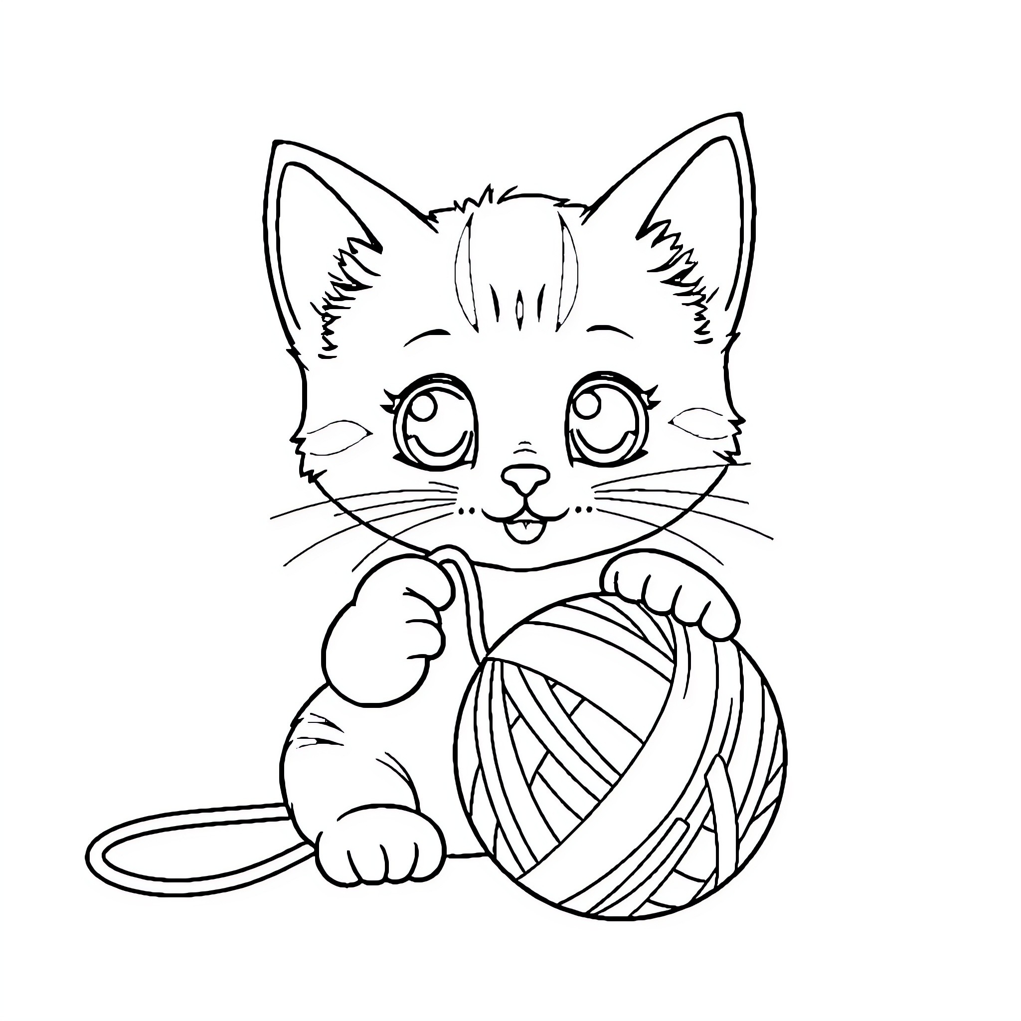 Cat playing with yarn ball Coloring Page (free black-and-white line drawing printable PDF for all, from beginners to advanced learners, including children, teens, adults, and seniors)