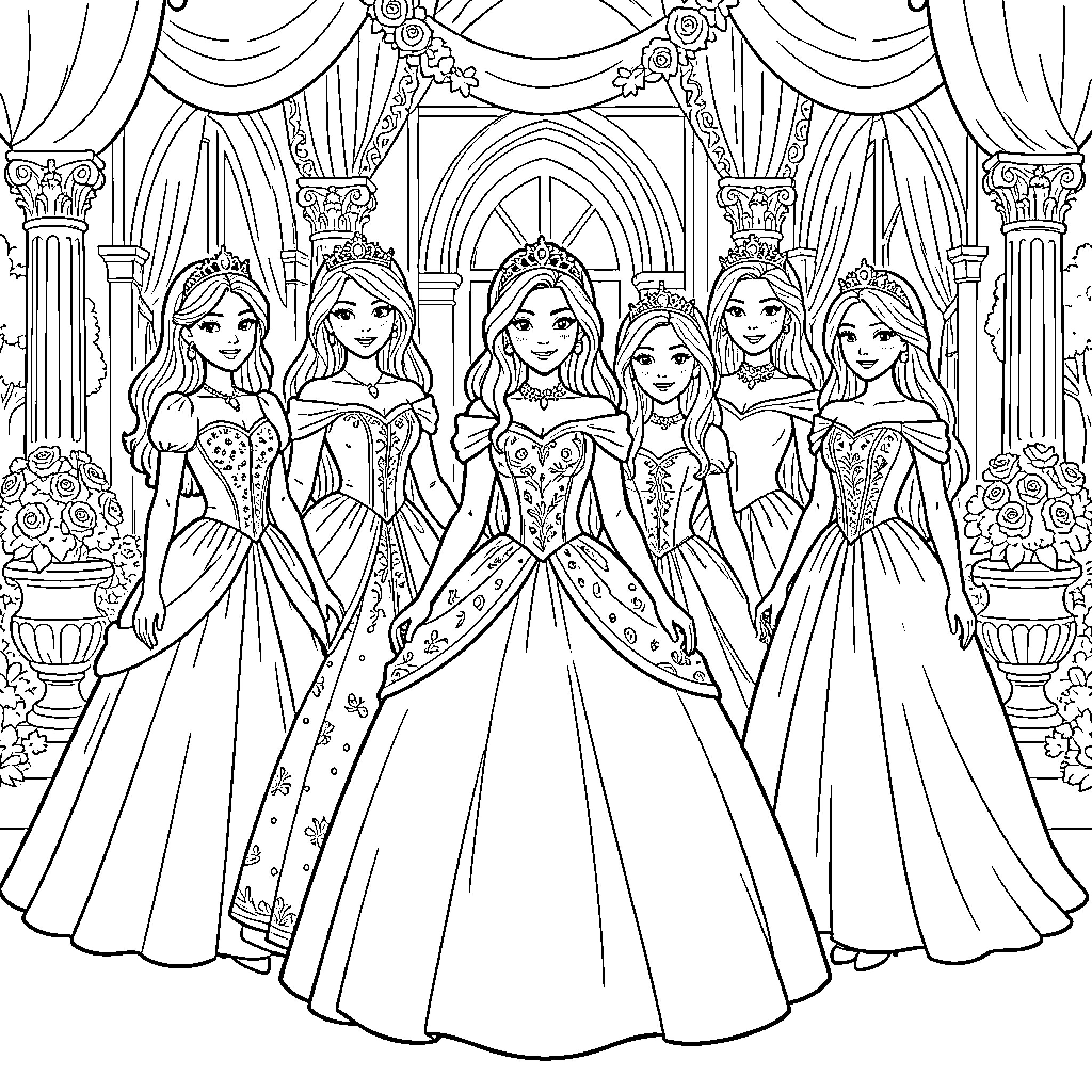 Princesses standing together in elegant ball gowns Coloring Page (free black-and-white line drawing printable PDF for all, from beginners to advanced learners, including children, teens, adults, and seniors)